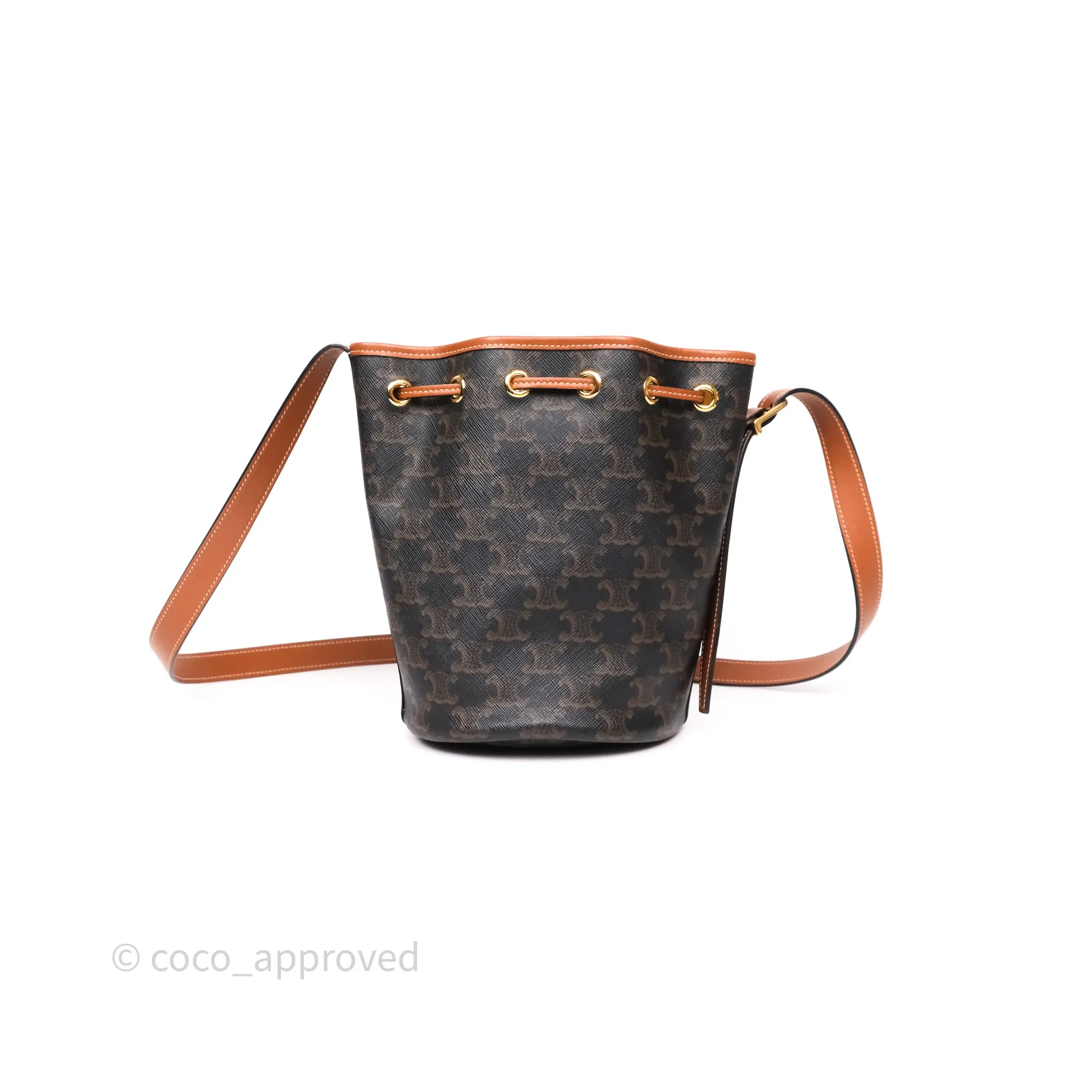 Celine Small Drawstring Bucket Bag Triomphe Canvas Tan Black