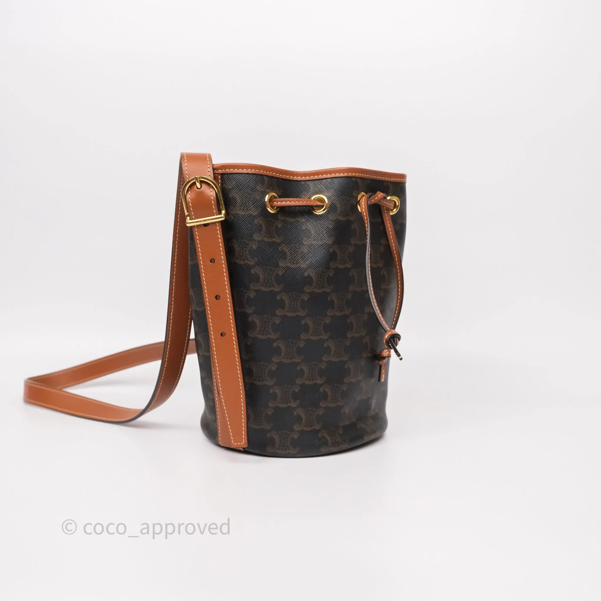 Celine Small Drawstring Bucket Bag Triomphe Canvas Tan Black