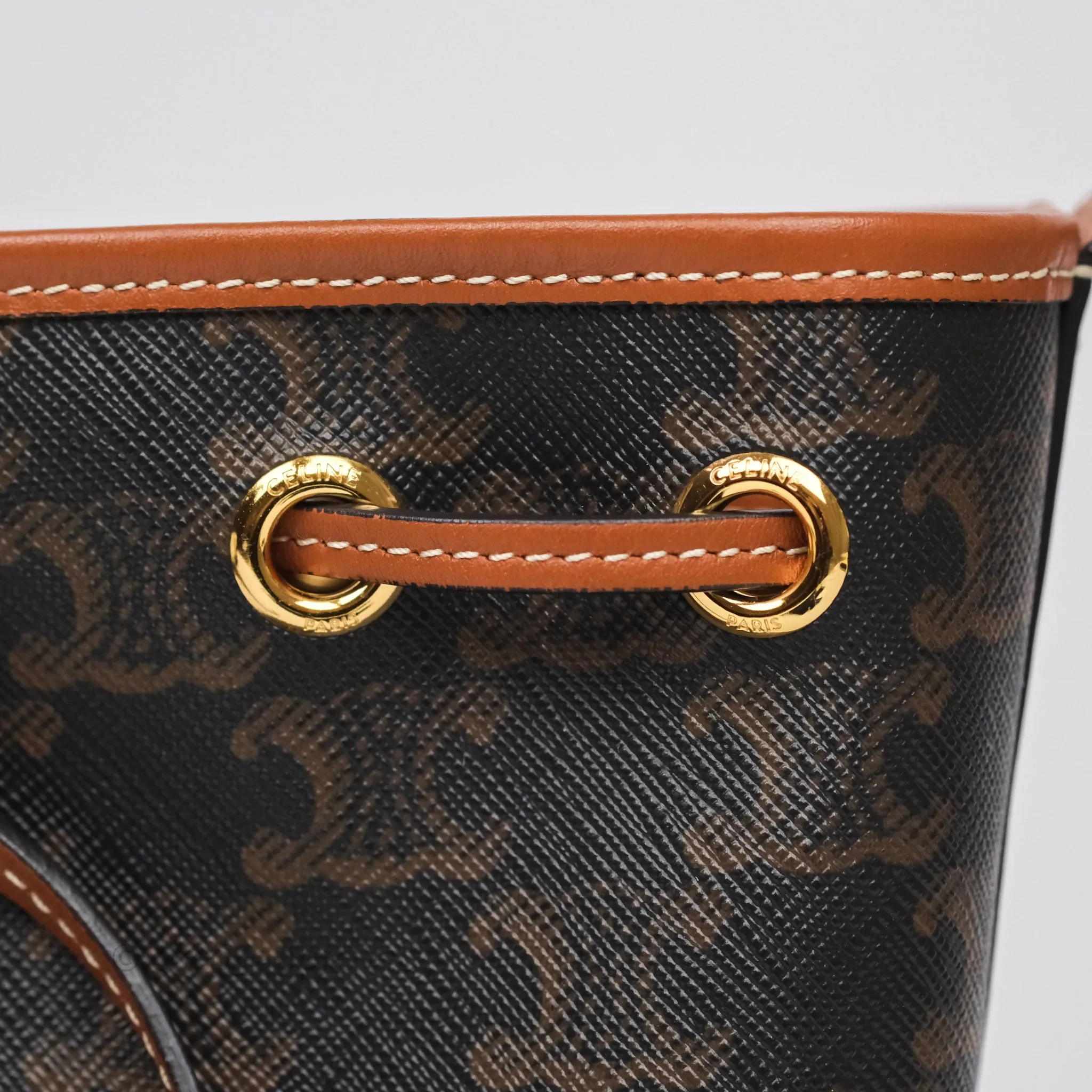 Celine Small Drawstring Bucket Bag Triomphe Canvas Tan Black