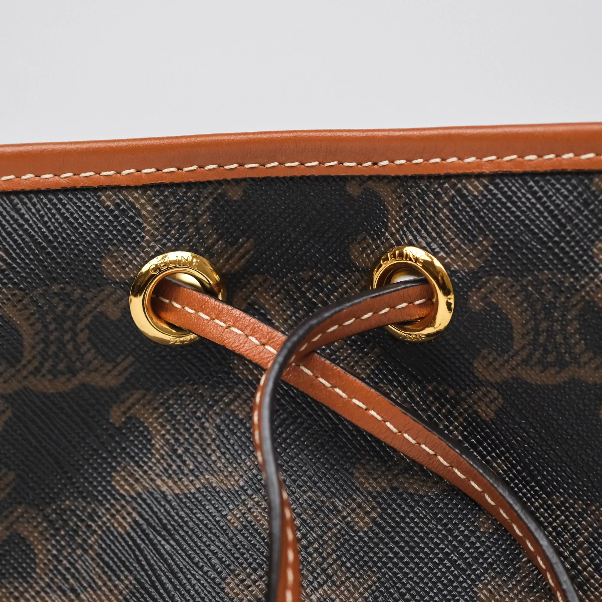 Celine Small Drawstring Bucket Bag Triomphe Canvas Tan Black