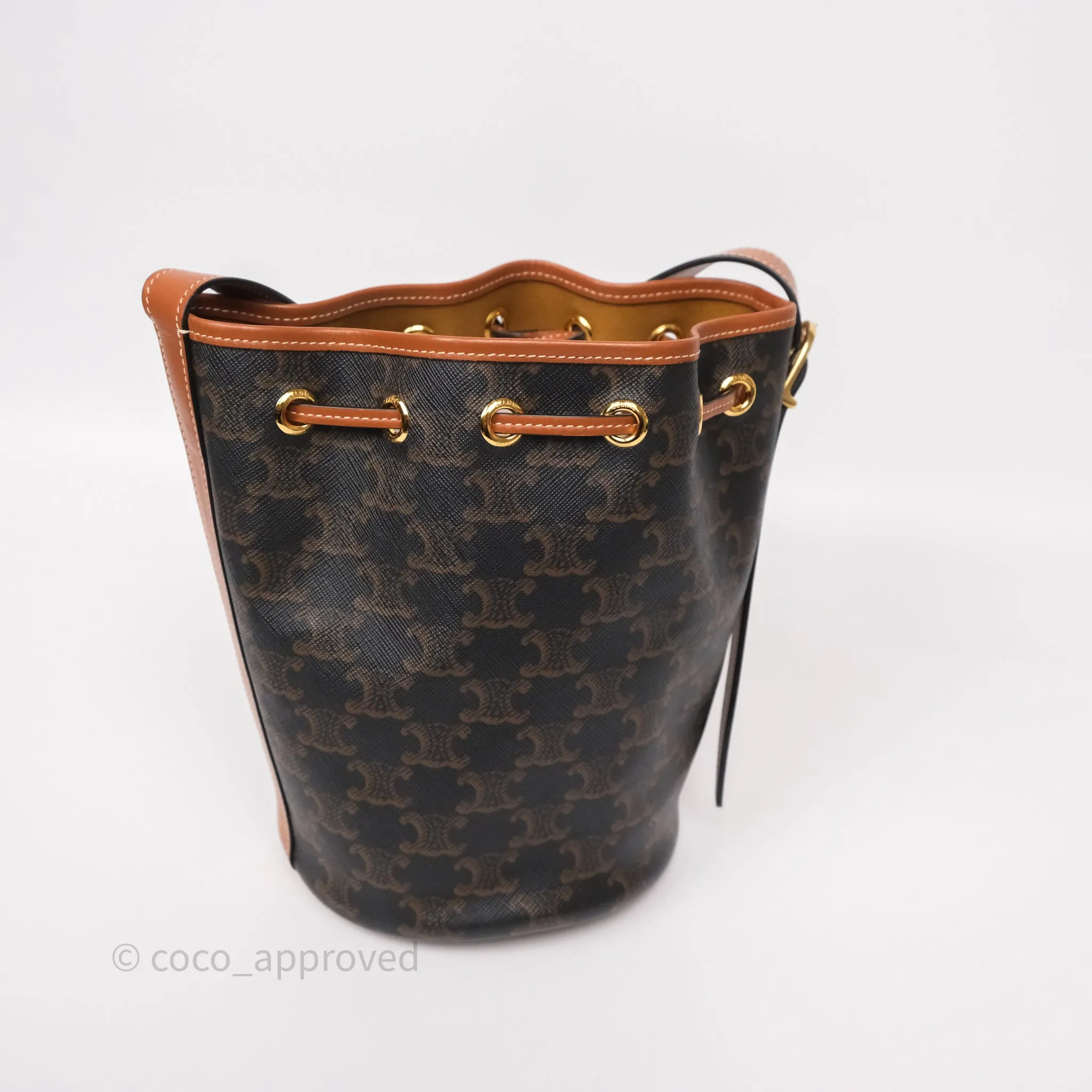 Celine Small Drawstring Bucket Bag Triomphe Canvas Tan Black