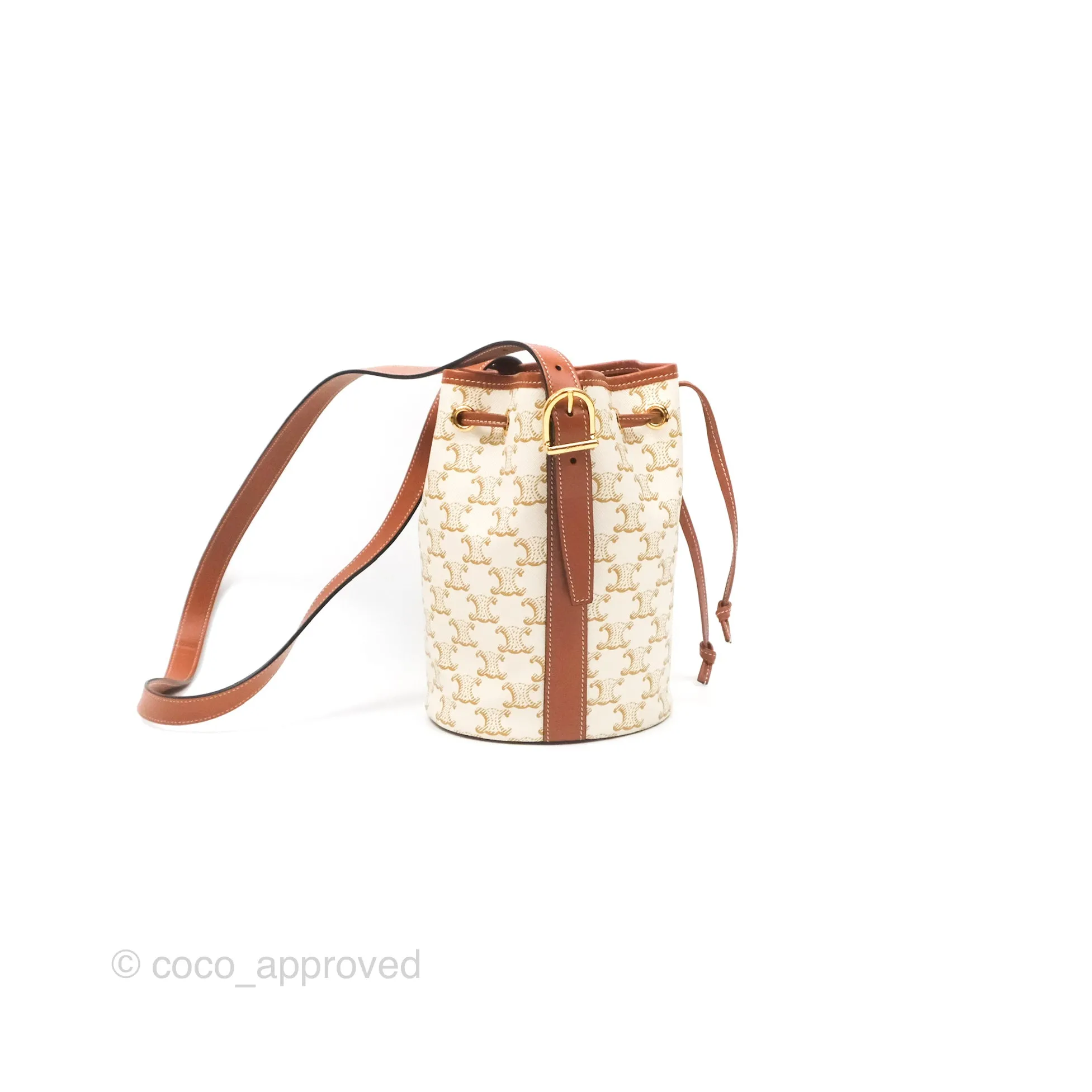Celine Small Drawstring Bucket Bag Triomphe Canvas White Calfskin