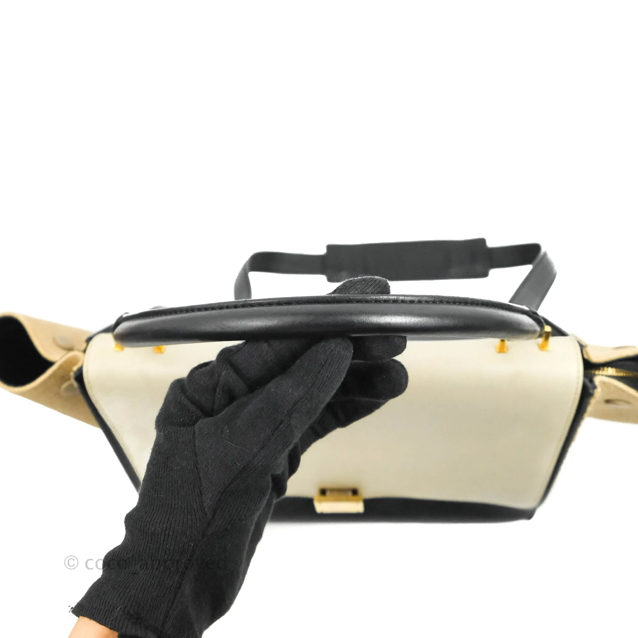 Celine Small Sleek Calfskin Tri-Color Trapeze Ivory Black Raffia