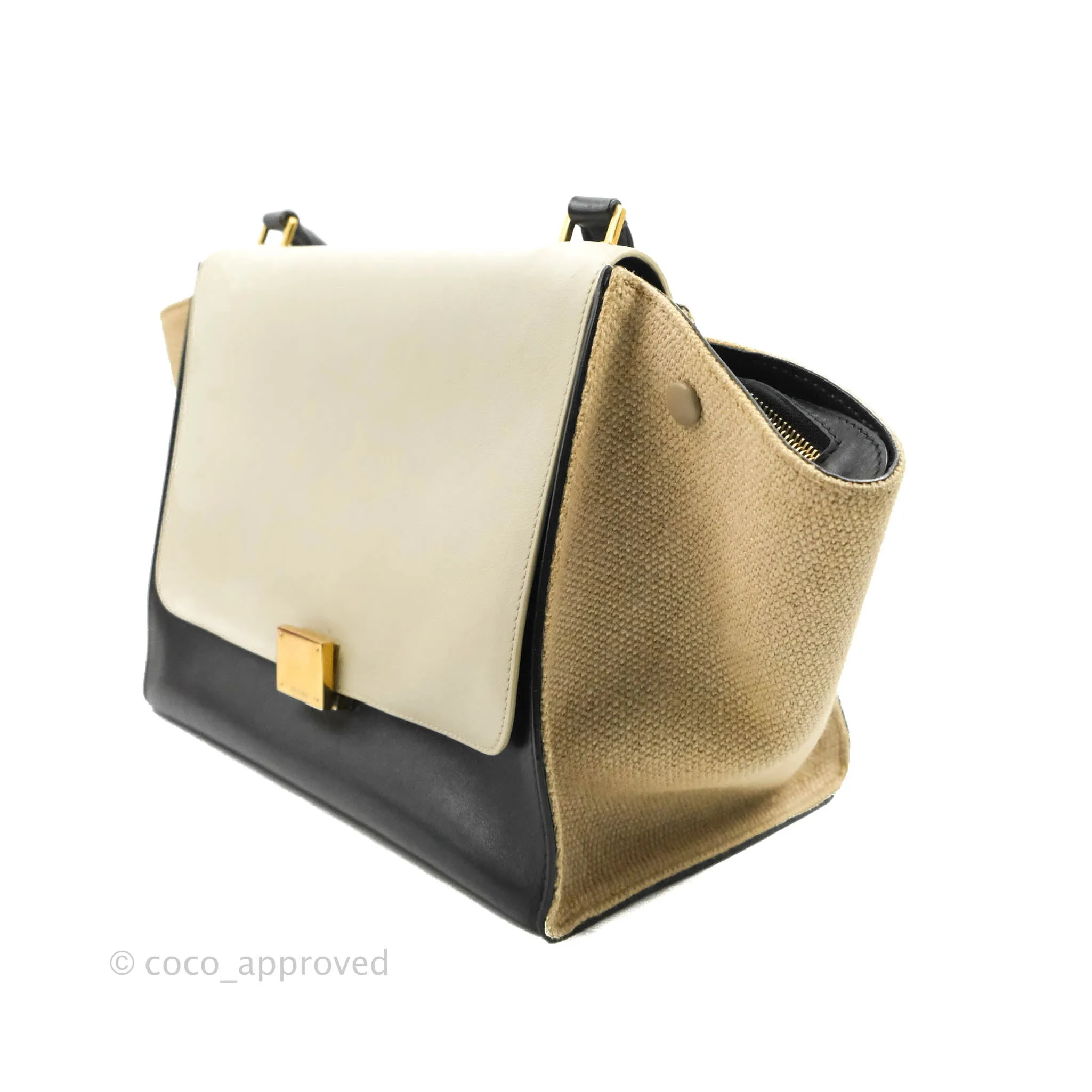 Celine Small Sleek Calfskin Tri-Color Trapeze Ivory Black Raffia