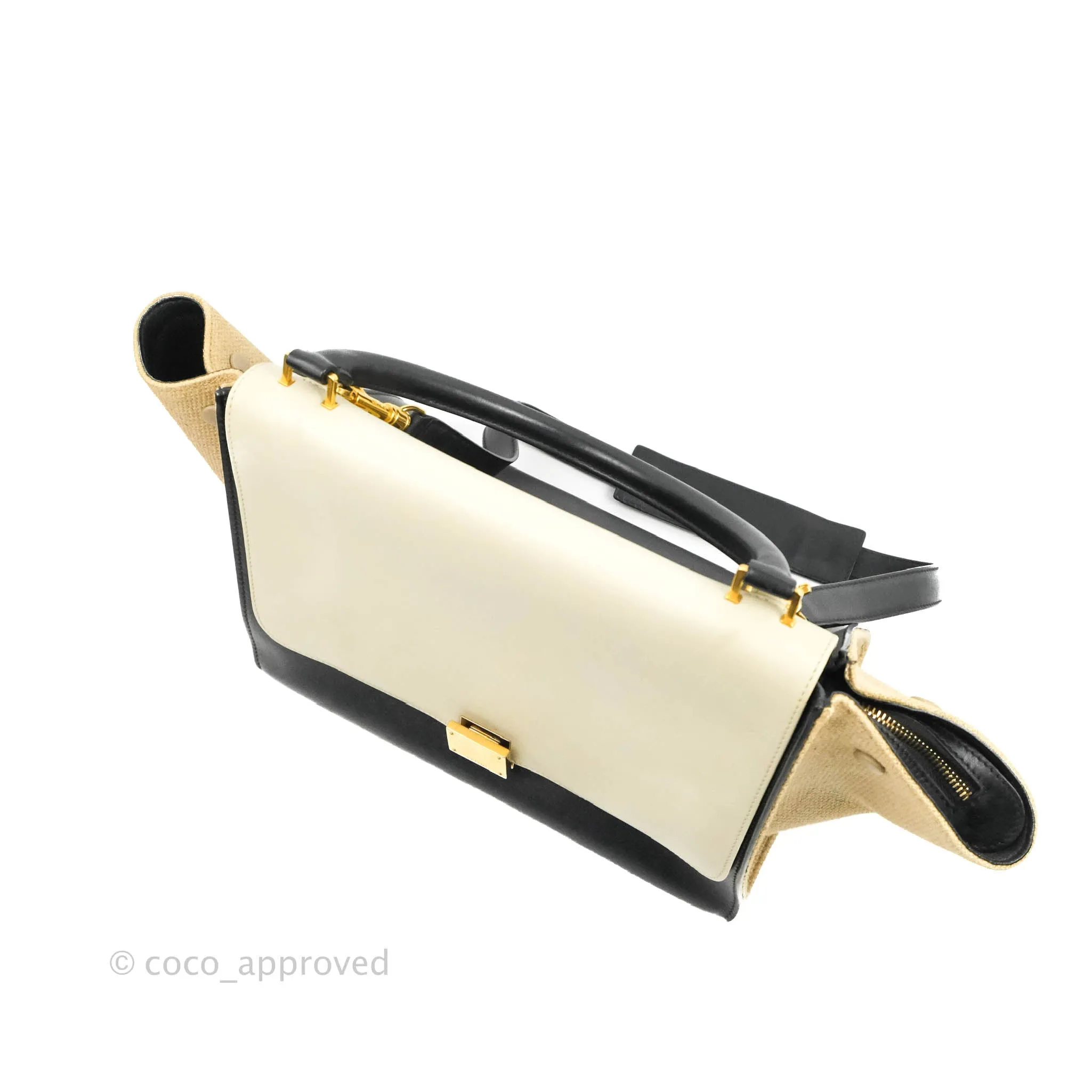 Celine Small Sleek Calfskin Tri-Color Trapeze Ivory Black Raffia