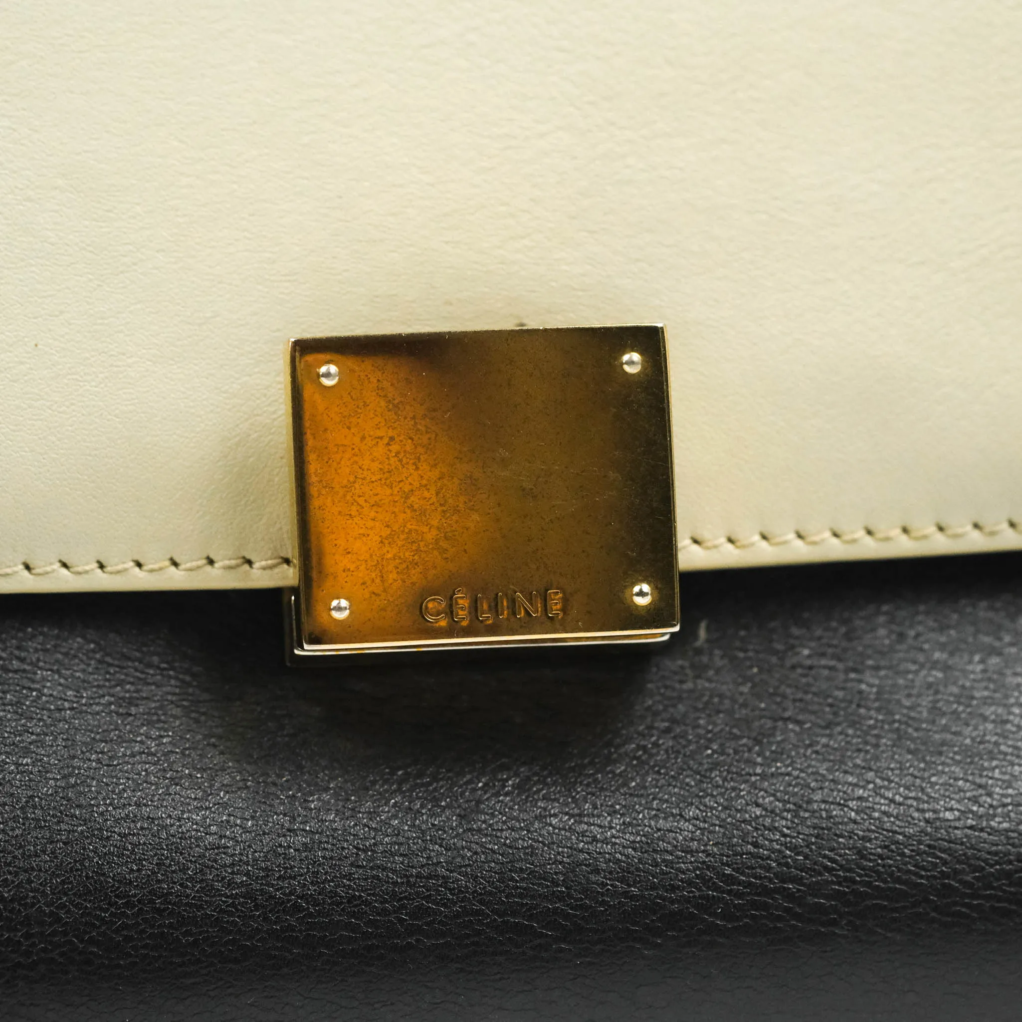 Celine Small Sleek Calfskin Tri-Color Trapeze Ivory Black Raffia