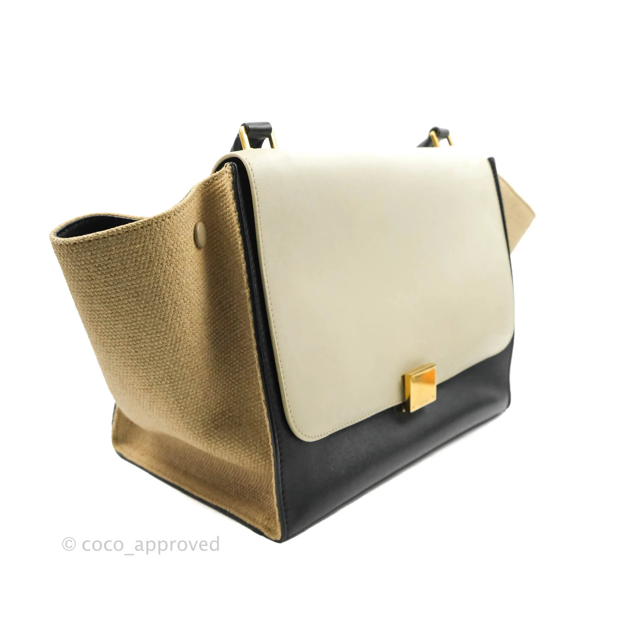 Celine Small Sleek Calfskin Tri-Color Trapeze Ivory Black Raffia