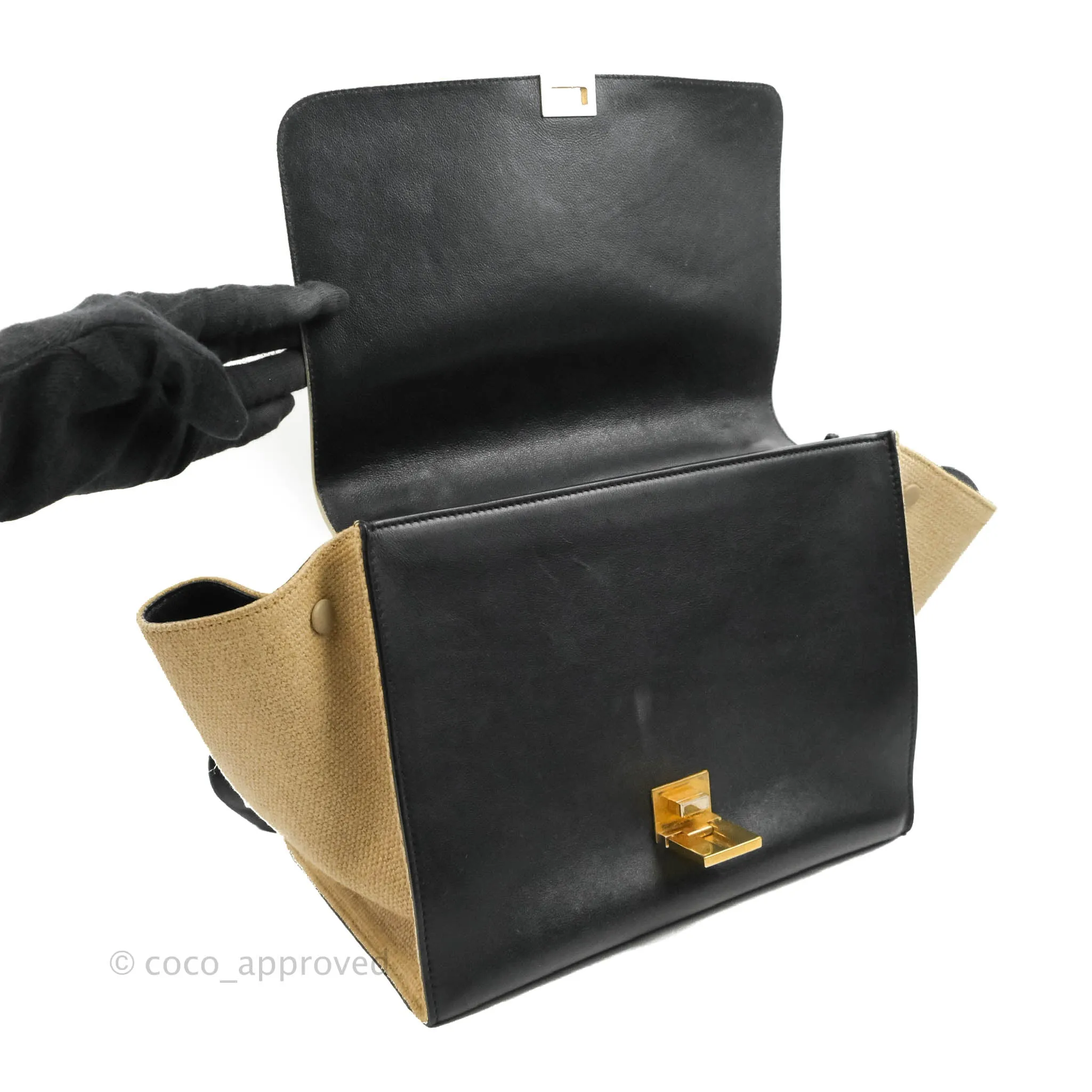 Celine Small Sleek Calfskin Tri-Color Trapeze Ivory Black Raffia