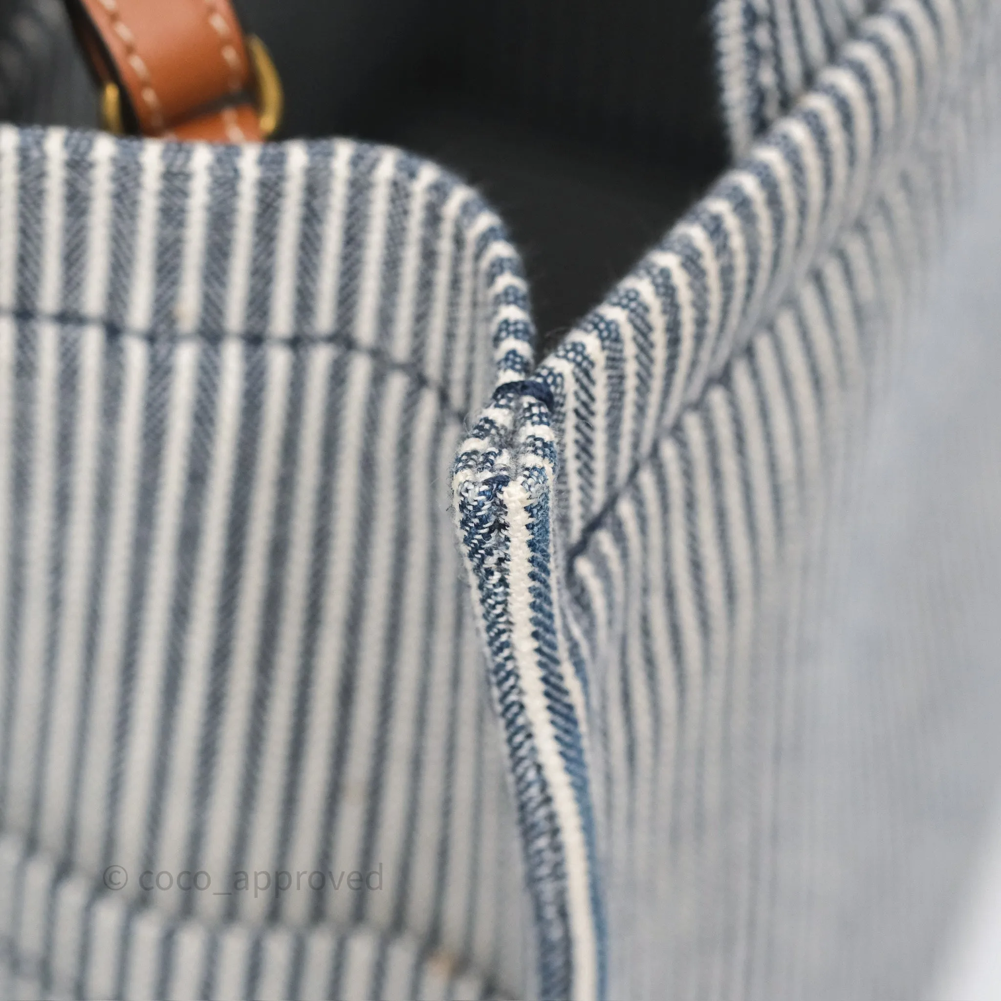 Celine Small Triomphe Cabas Thais Navy Blue Striped Canvas Tan Calfskin
