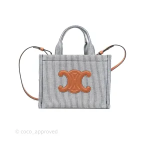 Celine Small Triomphe Cabas Thais Navy Blue Striped Canvas Tan Calfskin