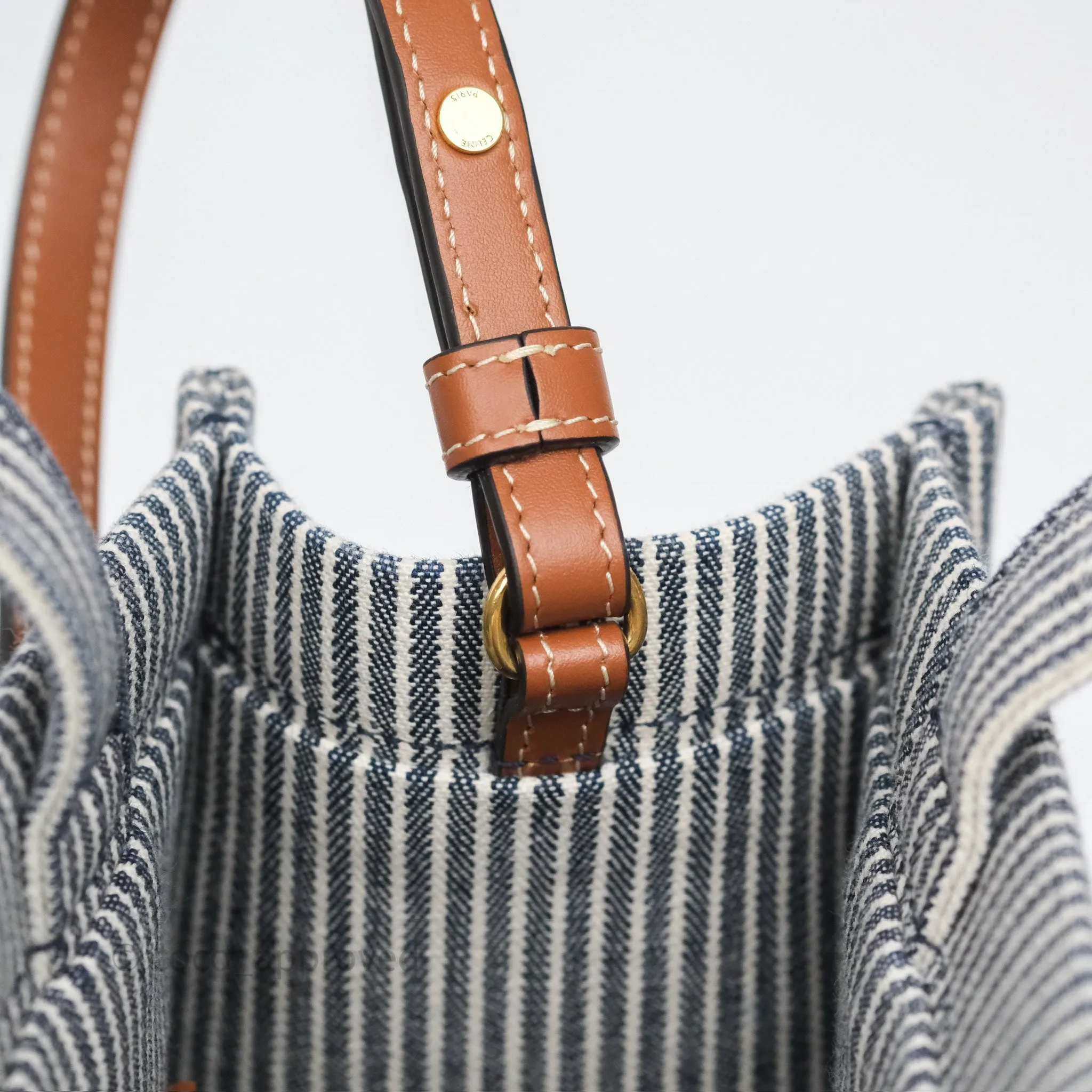 Celine Small Triomphe Cabas Thais Navy Blue Striped Canvas Tan Calfskin