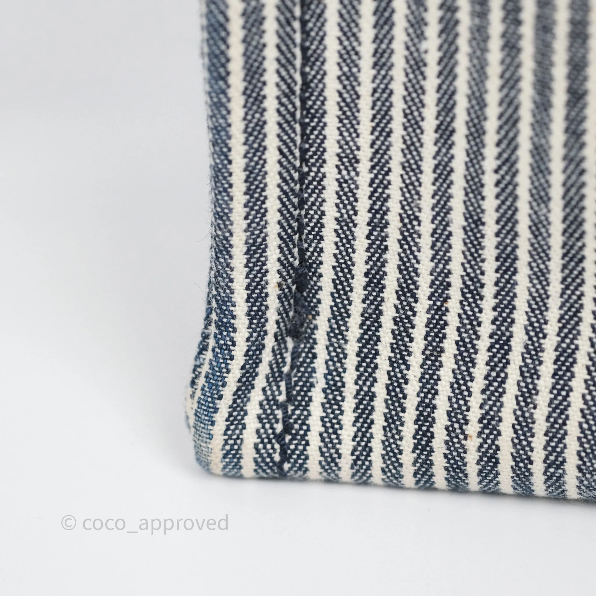 Celine Small Triomphe Cabas Thais Navy Blue Striped Canvas Tan Calfskin