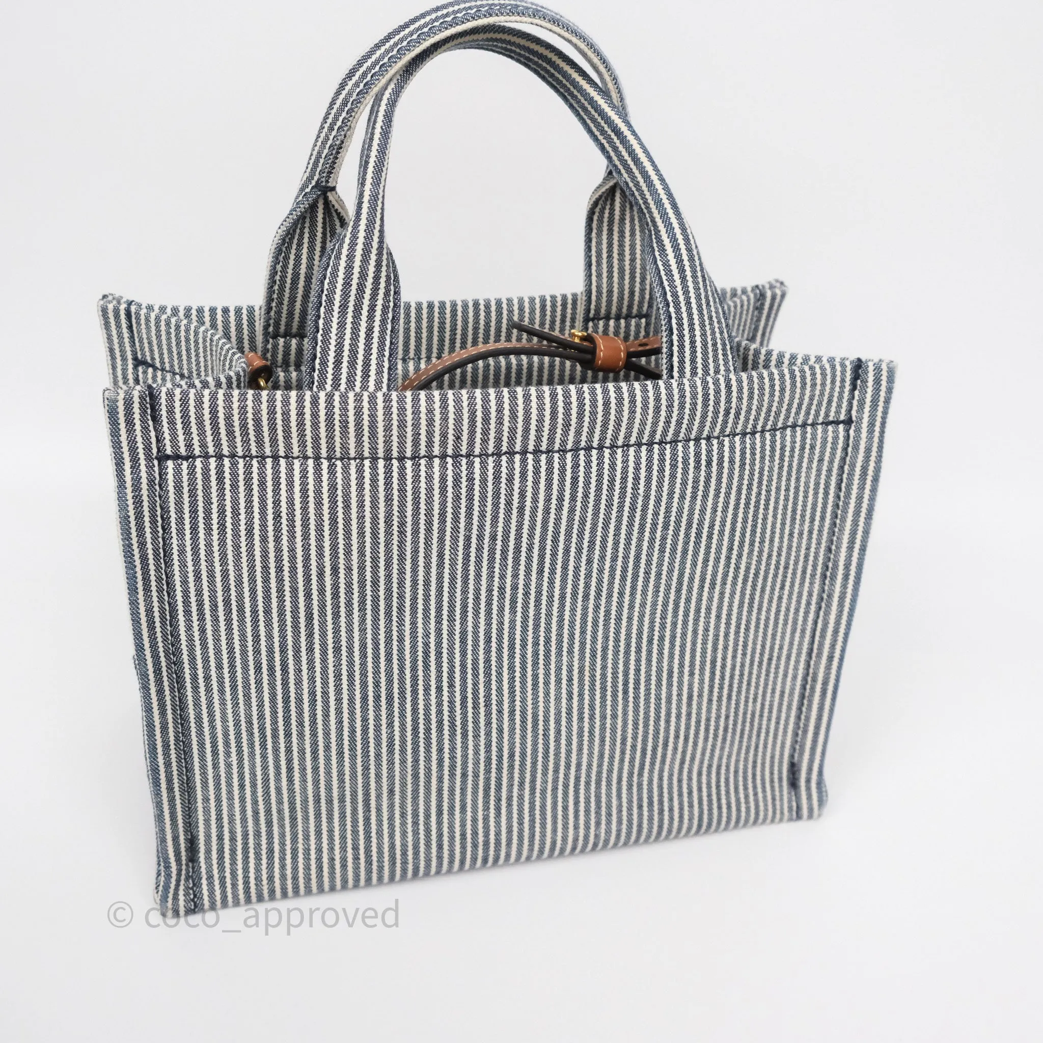 Celine Small Triomphe Cabas Thais Navy Blue Striped Canvas Tan Calfskin