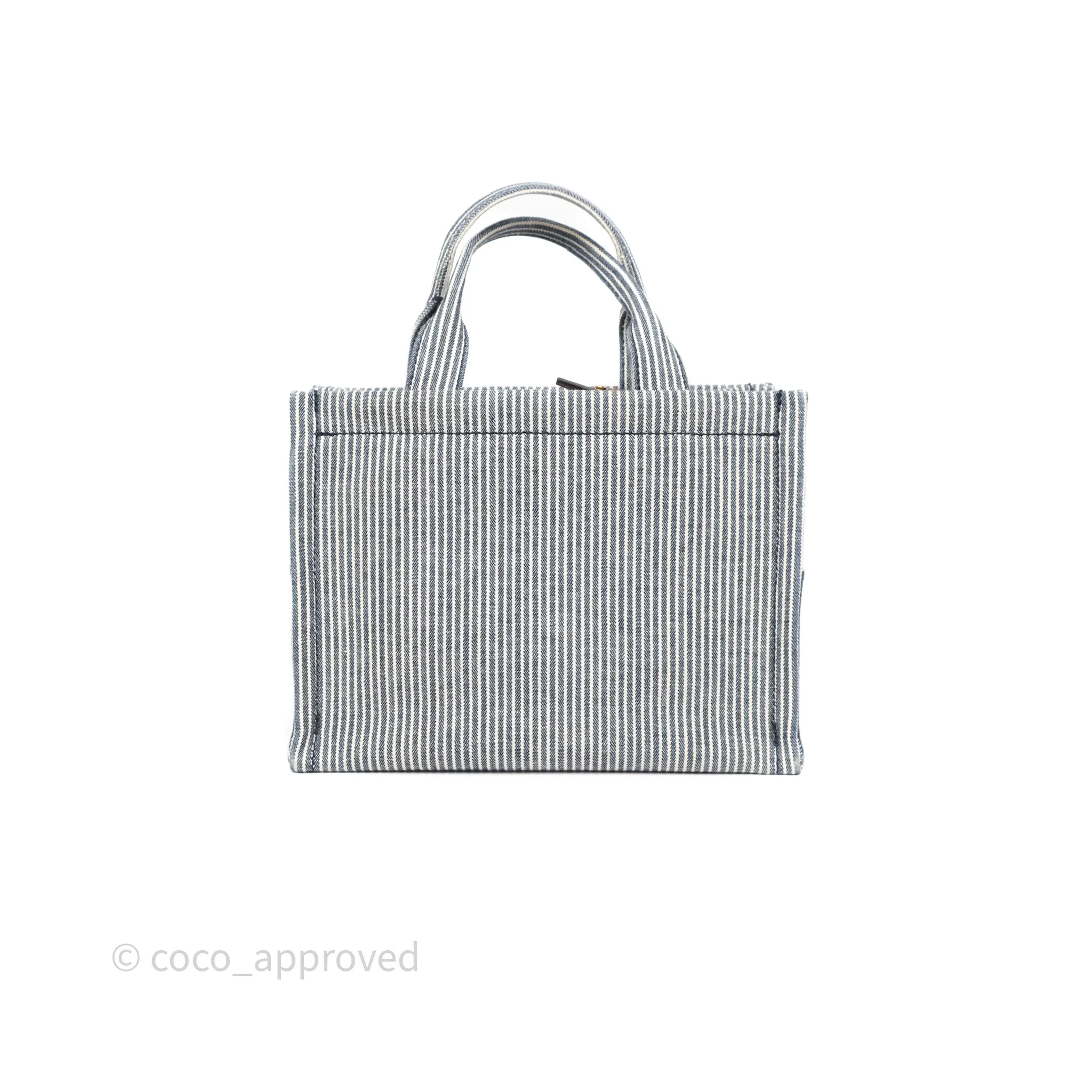 Celine Small Triomphe Cabas Thais Navy Blue Striped Canvas Tan Calfskin