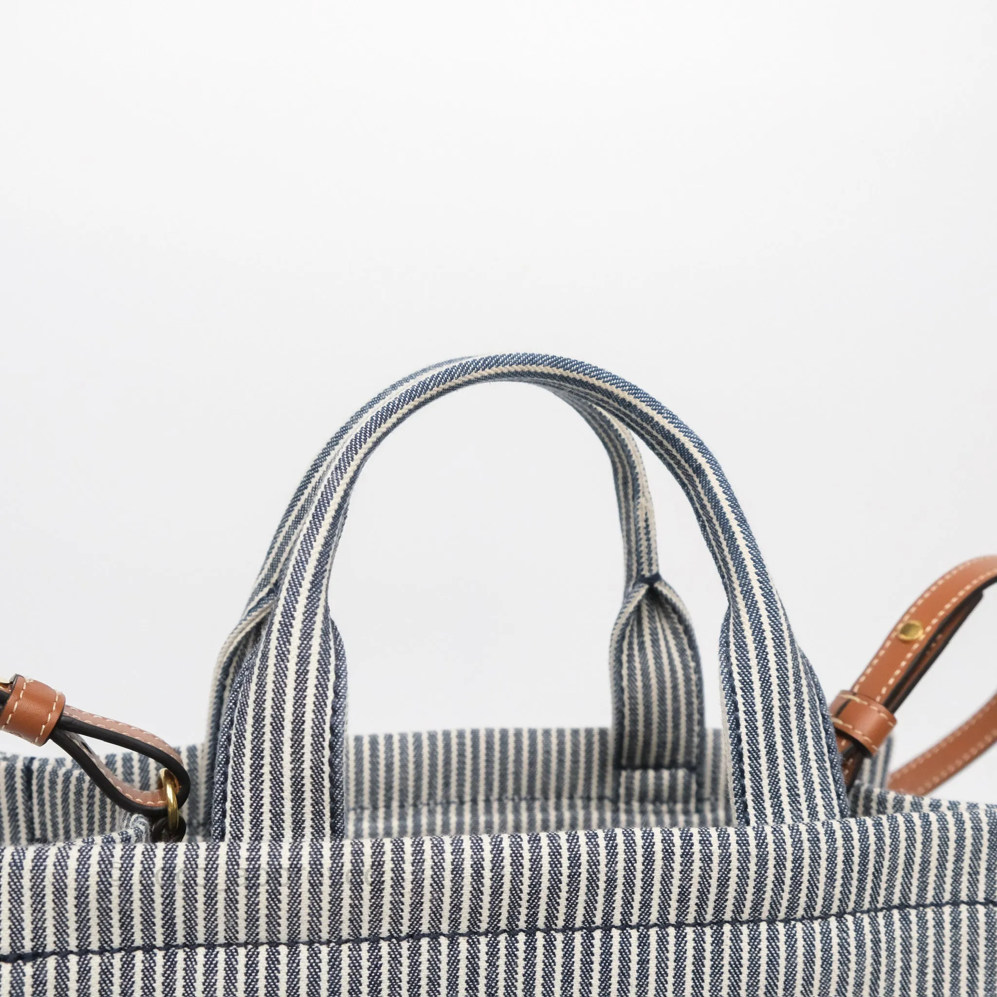 Celine Small Triomphe Cabas Thais Navy Blue Striped Canvas Tan Calfskin