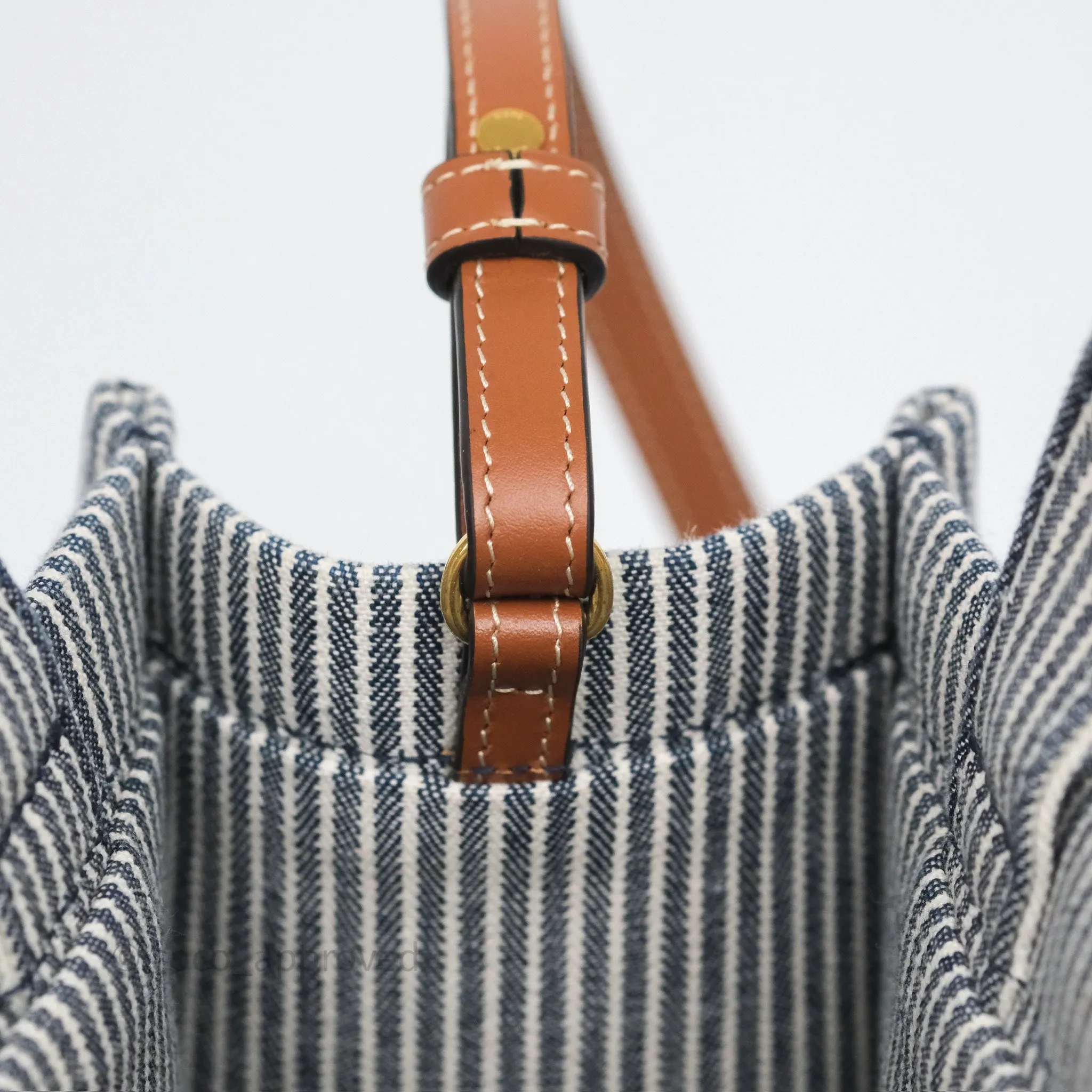 Celine Small Triomphe Cabas Thais Navy Blue Striped Canvas Tan Calfskin
