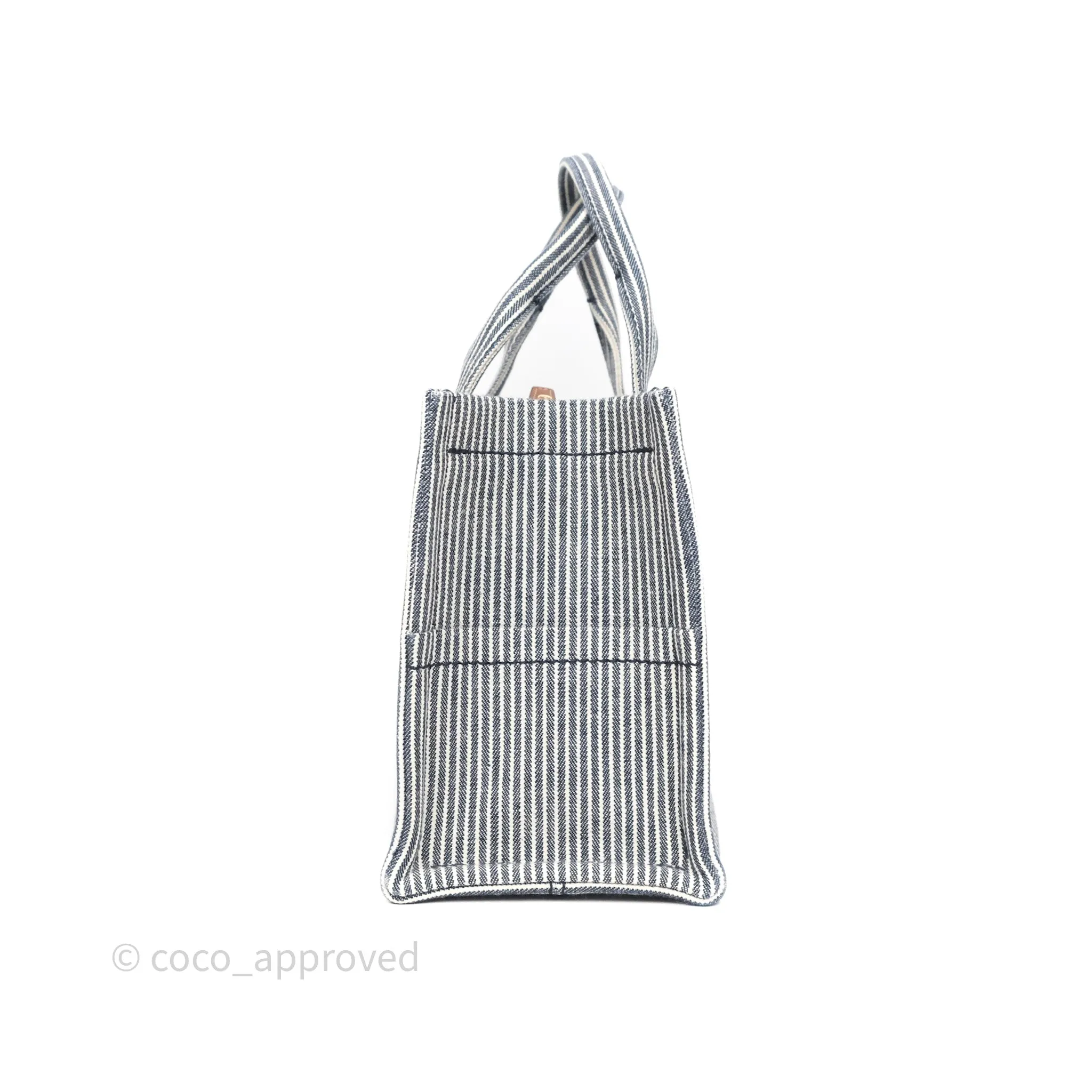 Celine Small Triomphe Cabas Thais Navy Blue Striped Canvas Tan Calfskin