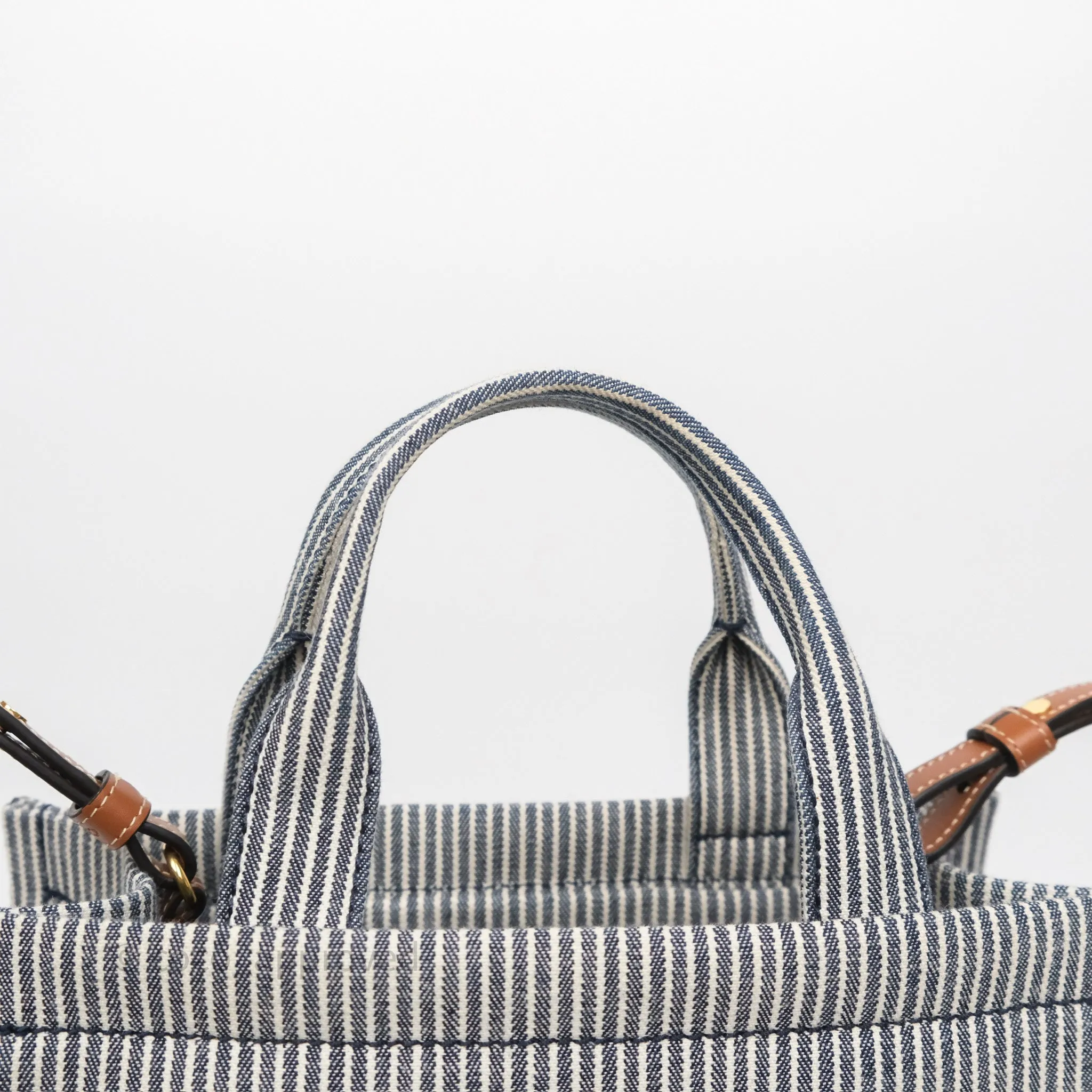 Celine Small Triomphe Cabas Thais Navy Blue Striped Canvas Tan Calfskin