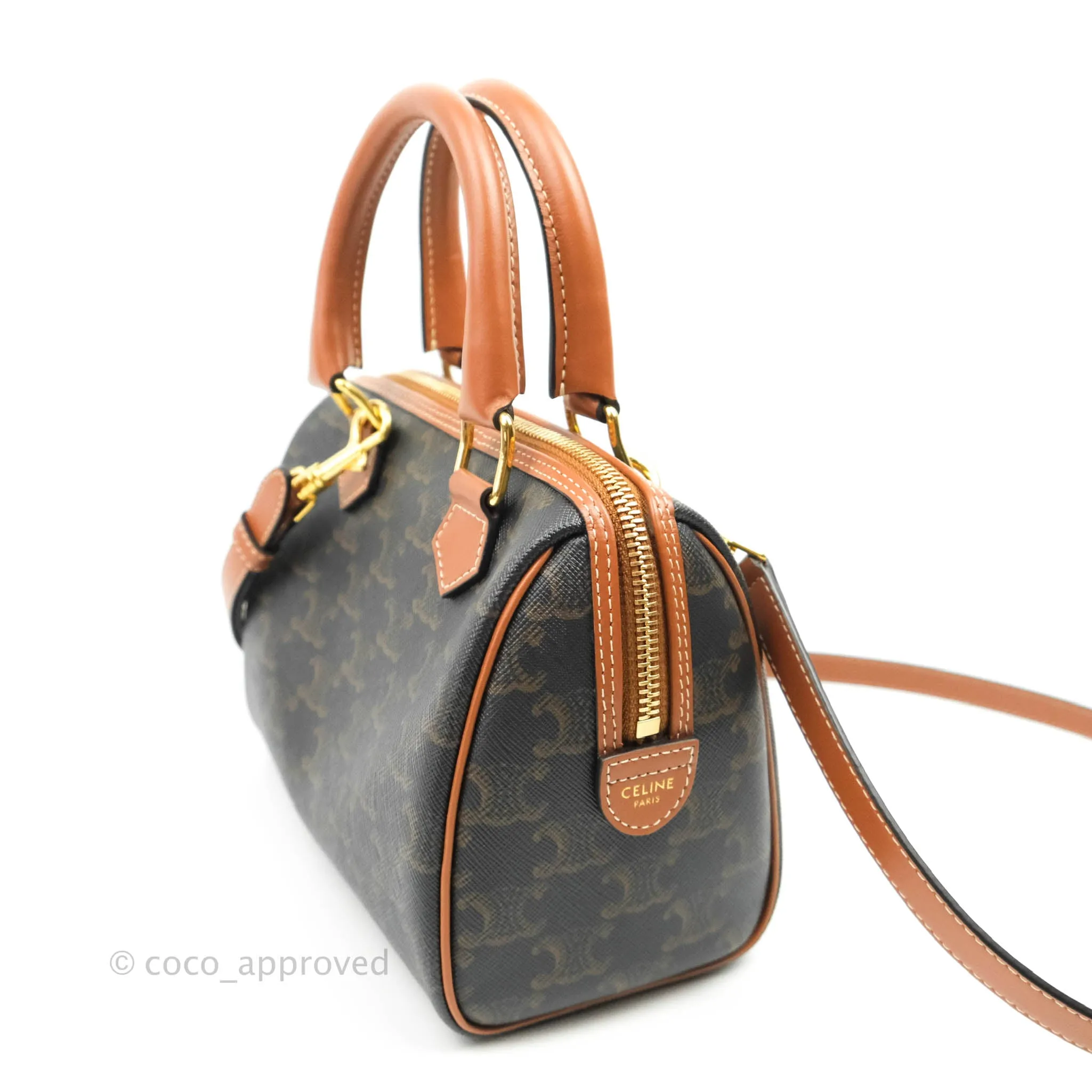 Celine Small Triomphe Canvas Boston Bag Tan Calfskin