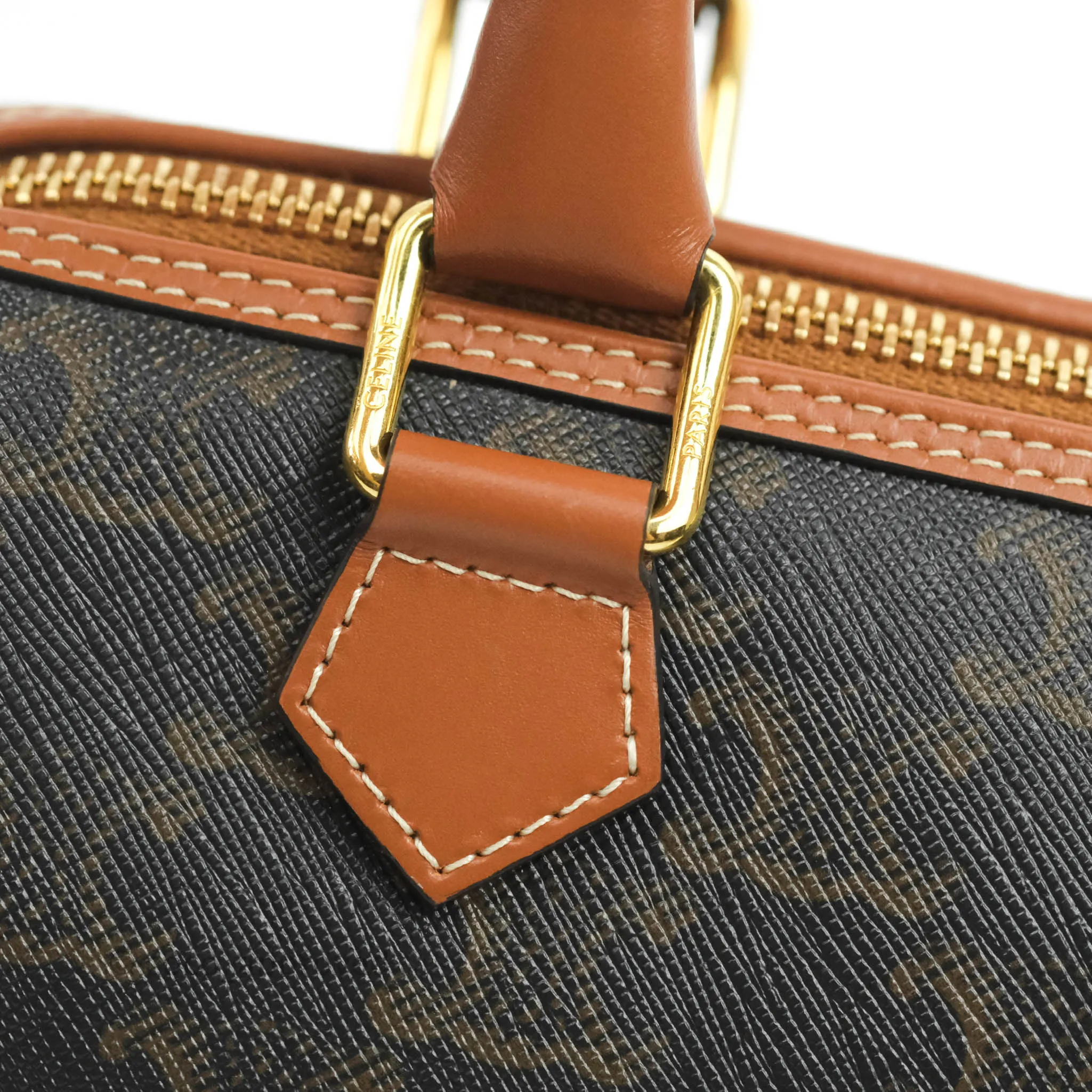Celine Small Triomphe Canvas Boston Bag Tan Calfskin