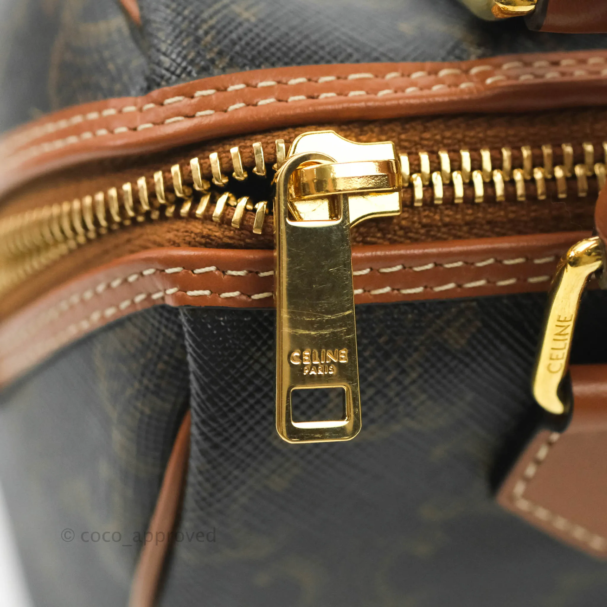 Celine Small Triomphe Canvas Boston Bag Tan Calfskin