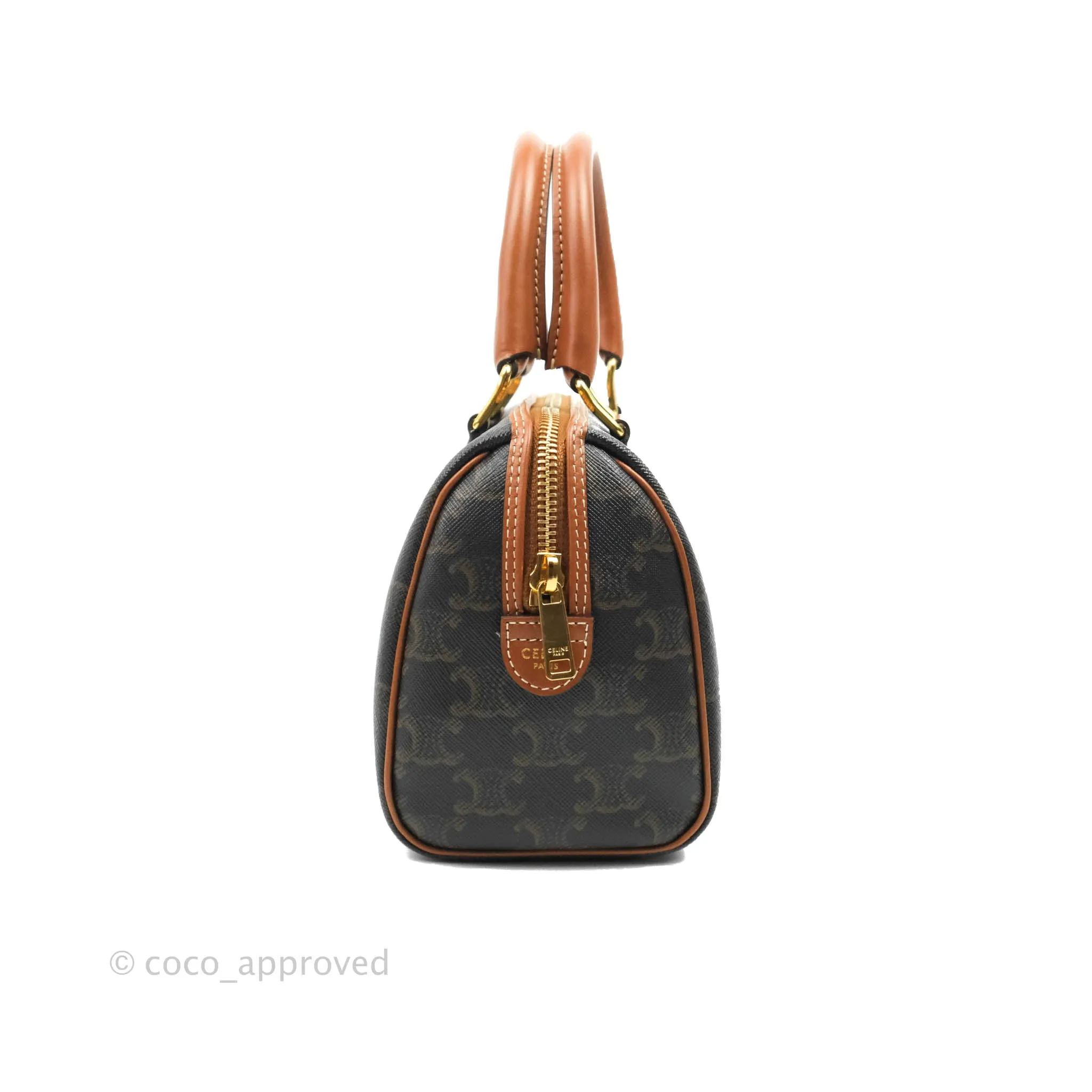 Celine Small Triomphe Canvas Boston Bag Tan Calfskin