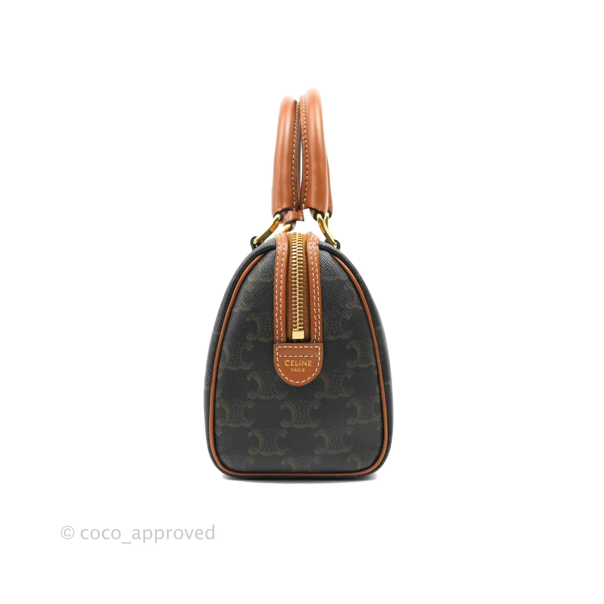 Celine Small Triomphe Canvas Boston Bag Tan Calfskin