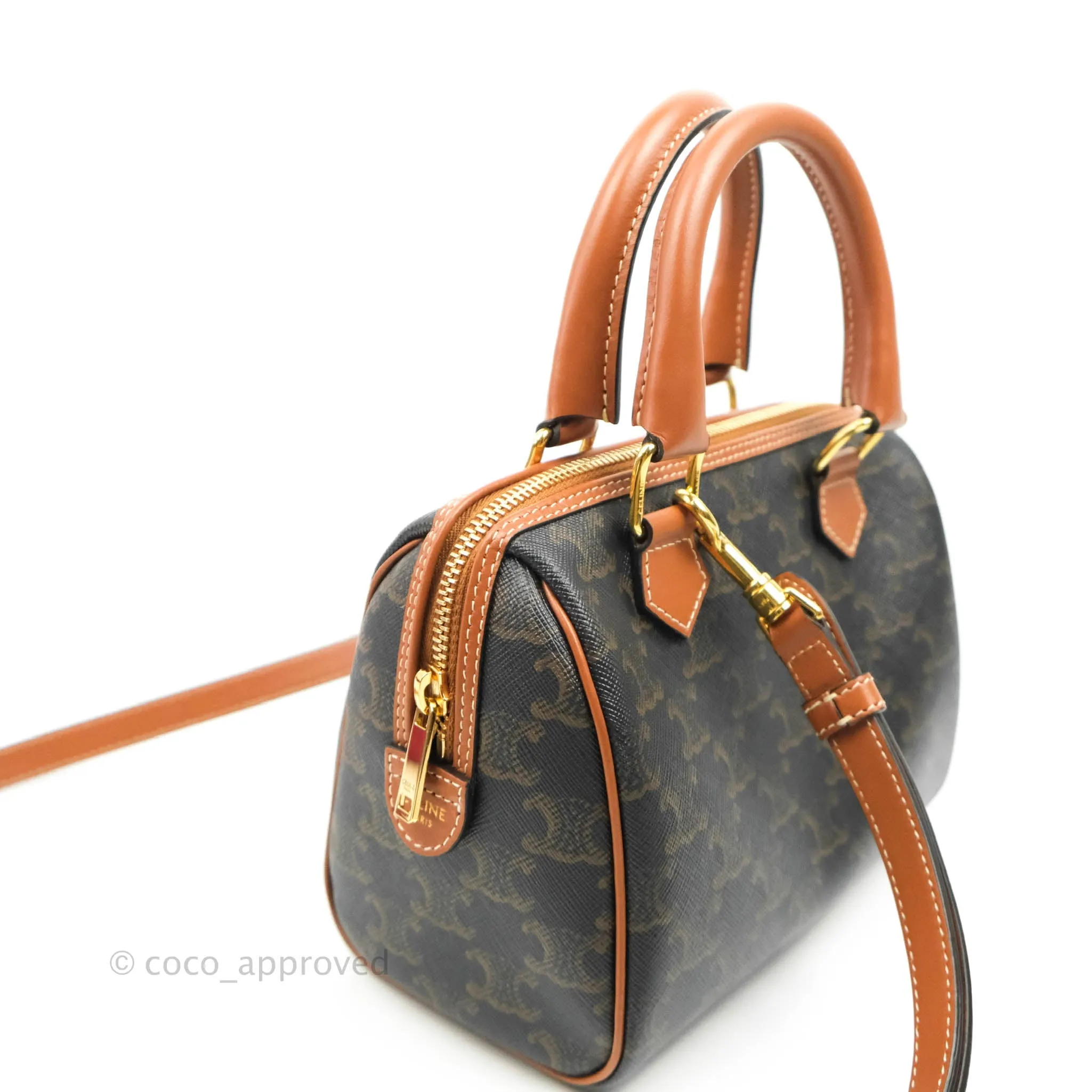 Celine Small Triomphe Canvas Boston Bag Tan Calfskin