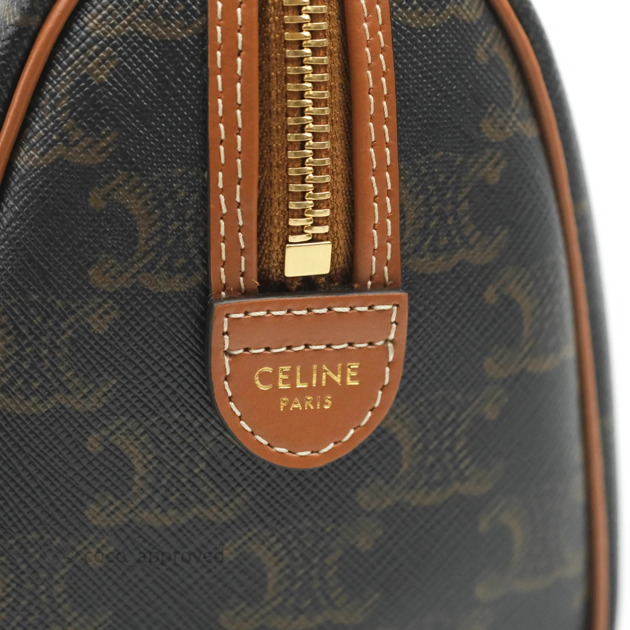 Celine Small Triomphe Canvas Boston Bag Tan Calfskin