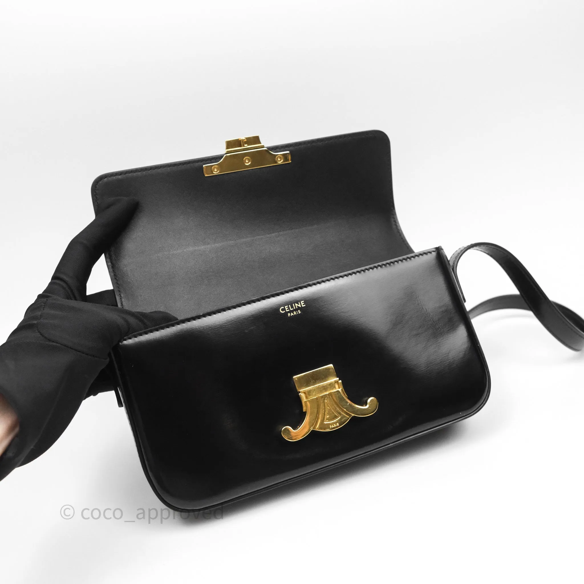 Celine Triomphe Shoulder Bag Black Shiny Calfskin