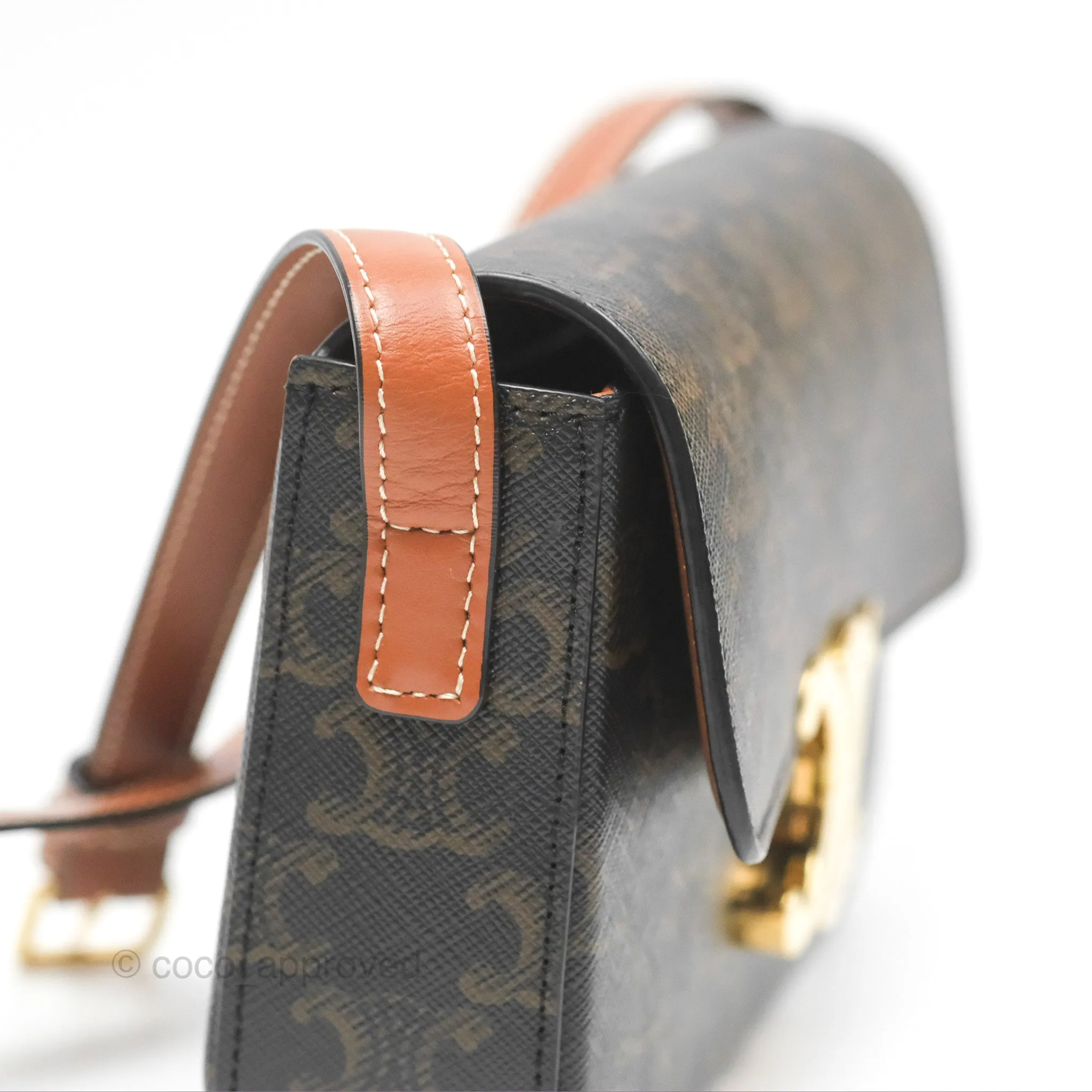 Celine Triomphe Shoulder Bag Tan Calfskin Triomphe Canvas