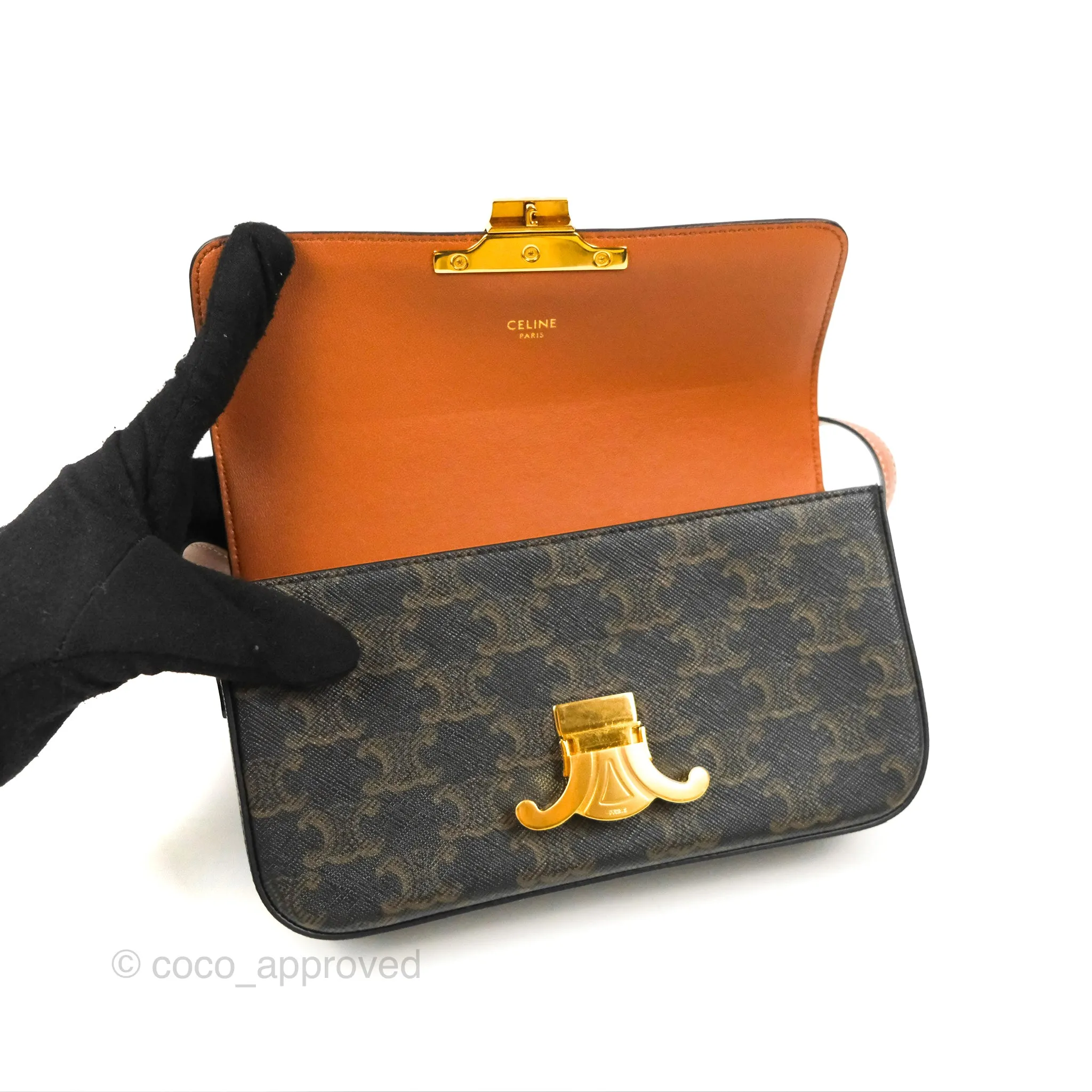 Celine Triomphe Shoulder Bag Tan Calfskin Triomphe Canvas