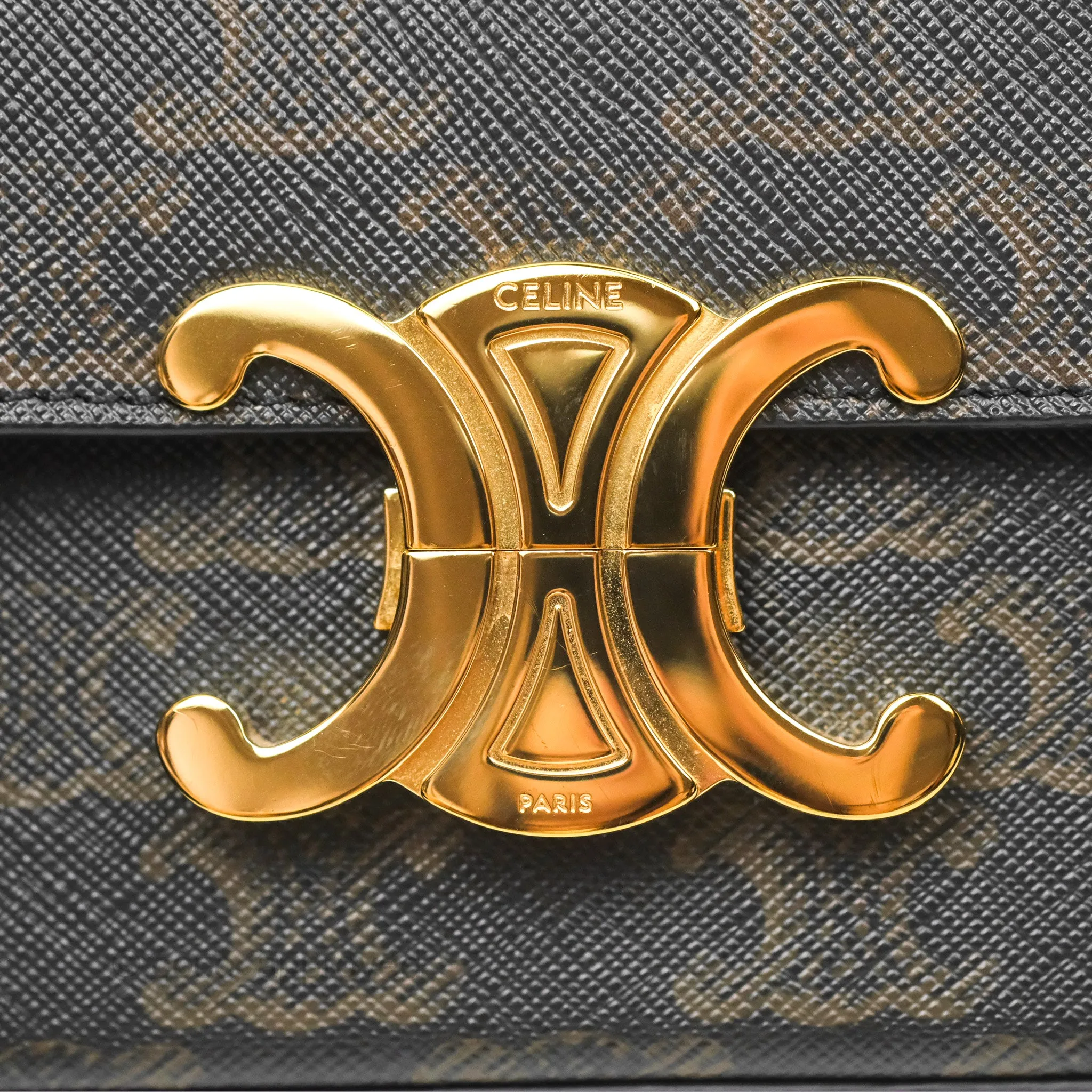 Celine Triomphe Shoulder Bag Tan Calfskin Triomphe Canvas