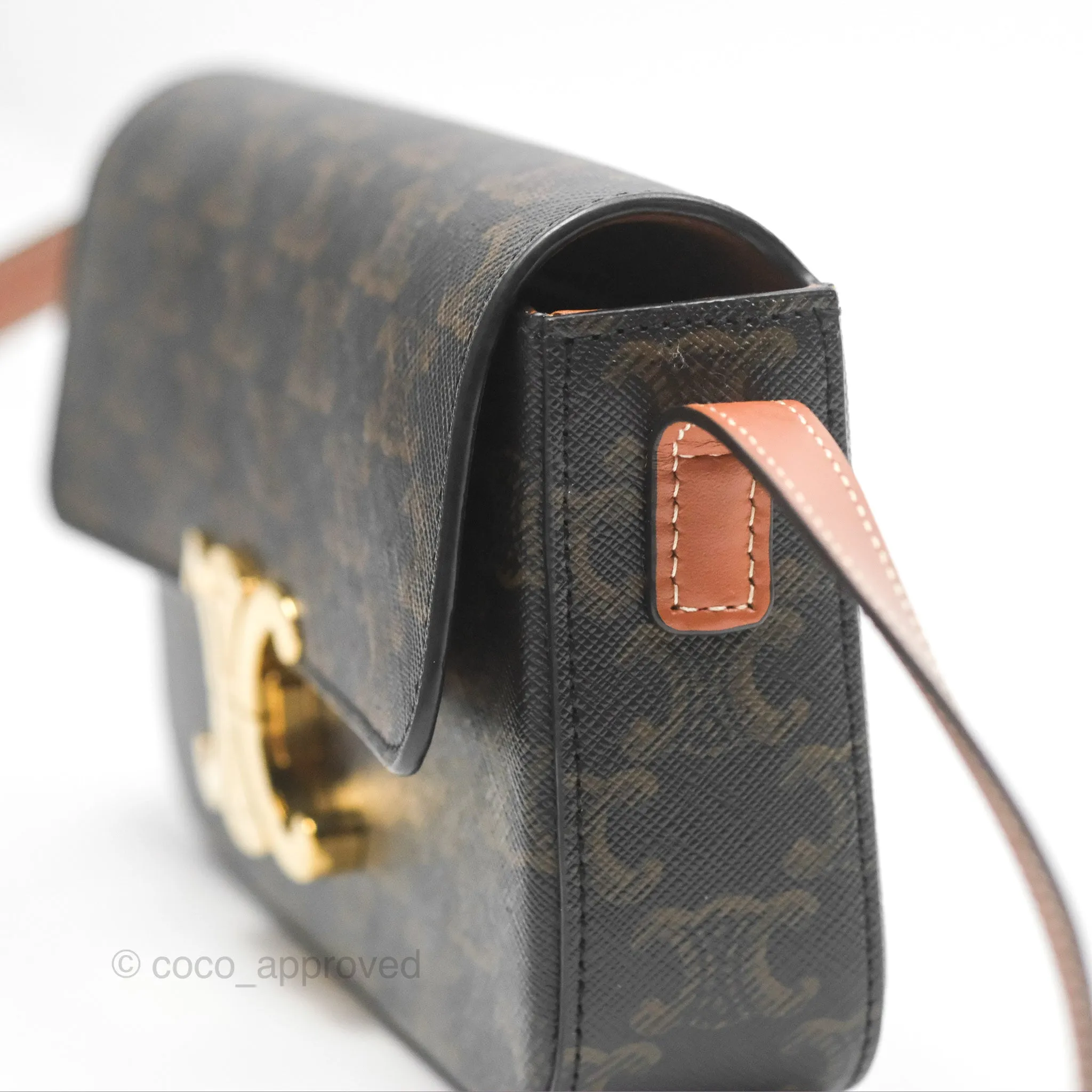 Celine Triomphe Shoulder Bag Tan Calfskin Triomphe Canvas