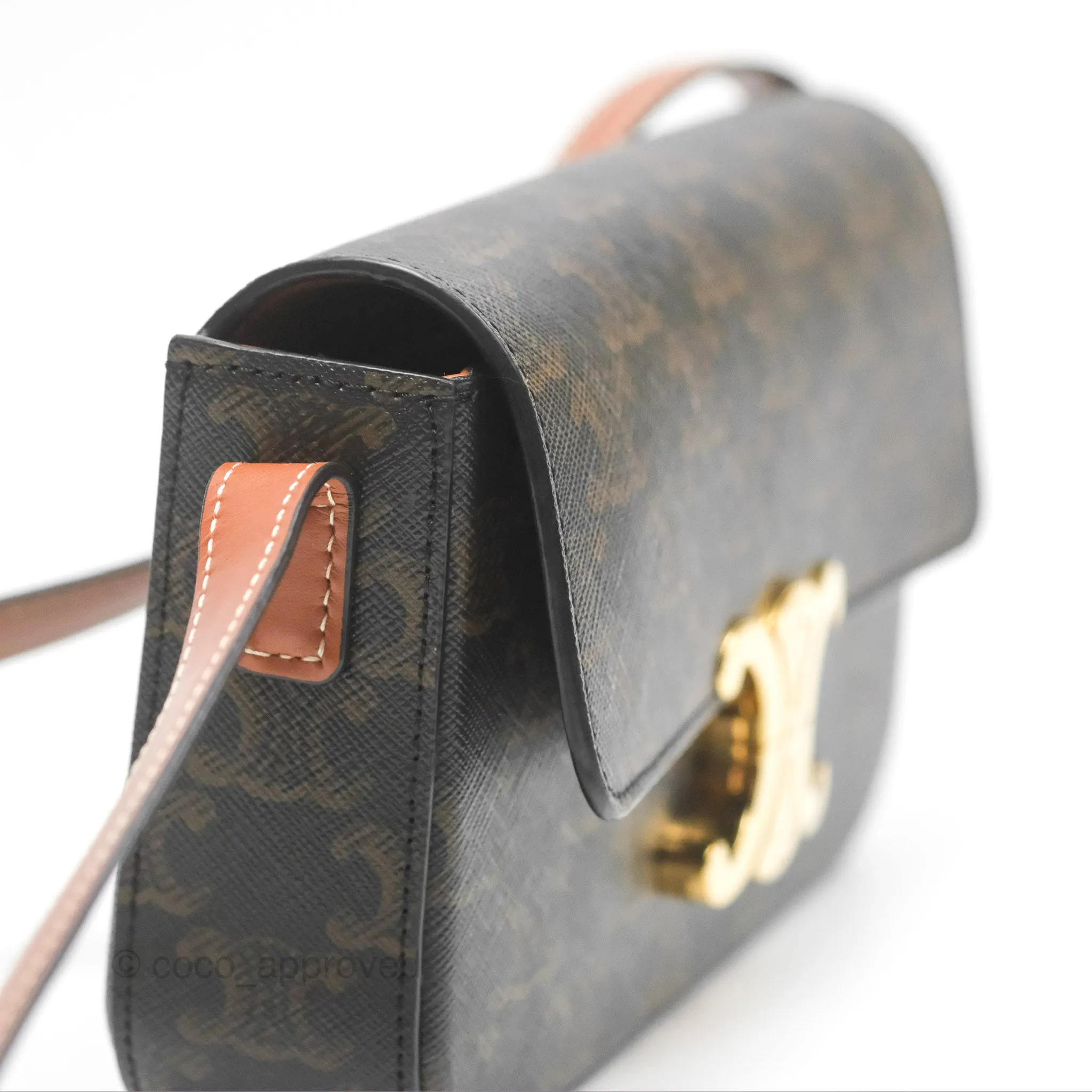 Celine Triomphe Shoulder Bag Tan Calfskin Triomphe Canvas