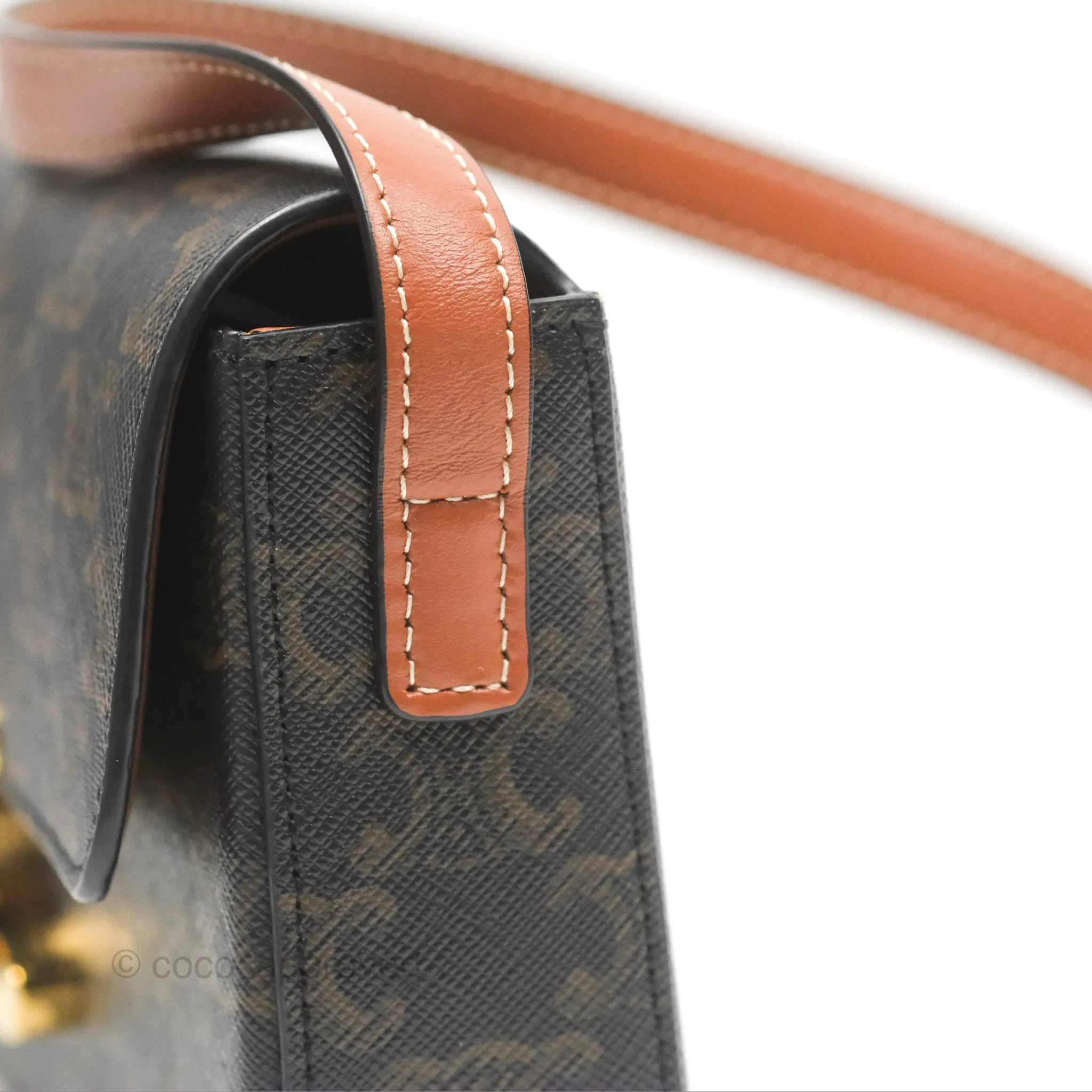 Celine Triomphe Shoulder Bag Tan Calfskin Triomphe Canvas