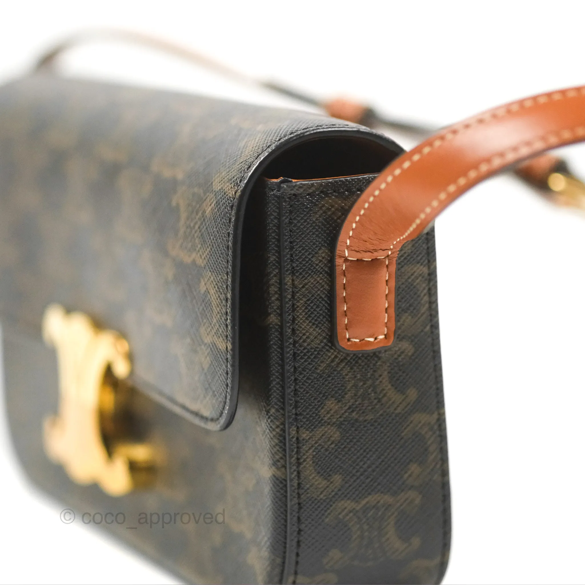 Celine Triomphe Shoulder Bag Tan Calfskin Triomphe Canvas