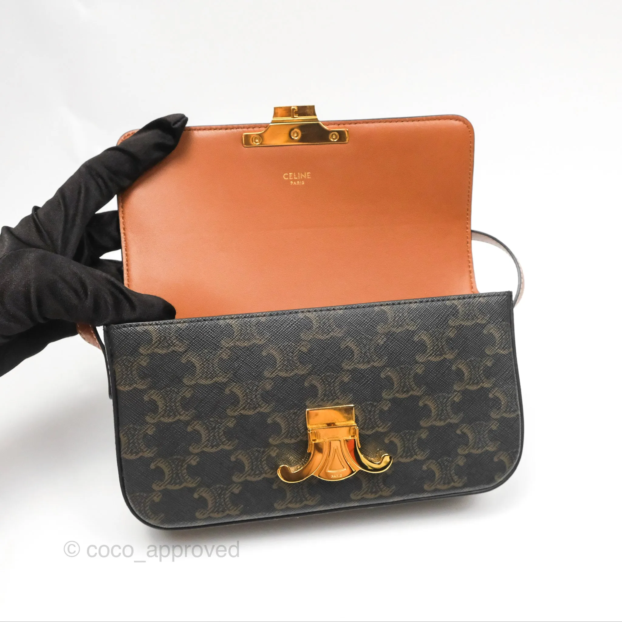Celine Triomphe Shoulder Bag Tan Calfskin Triomphe Canvas