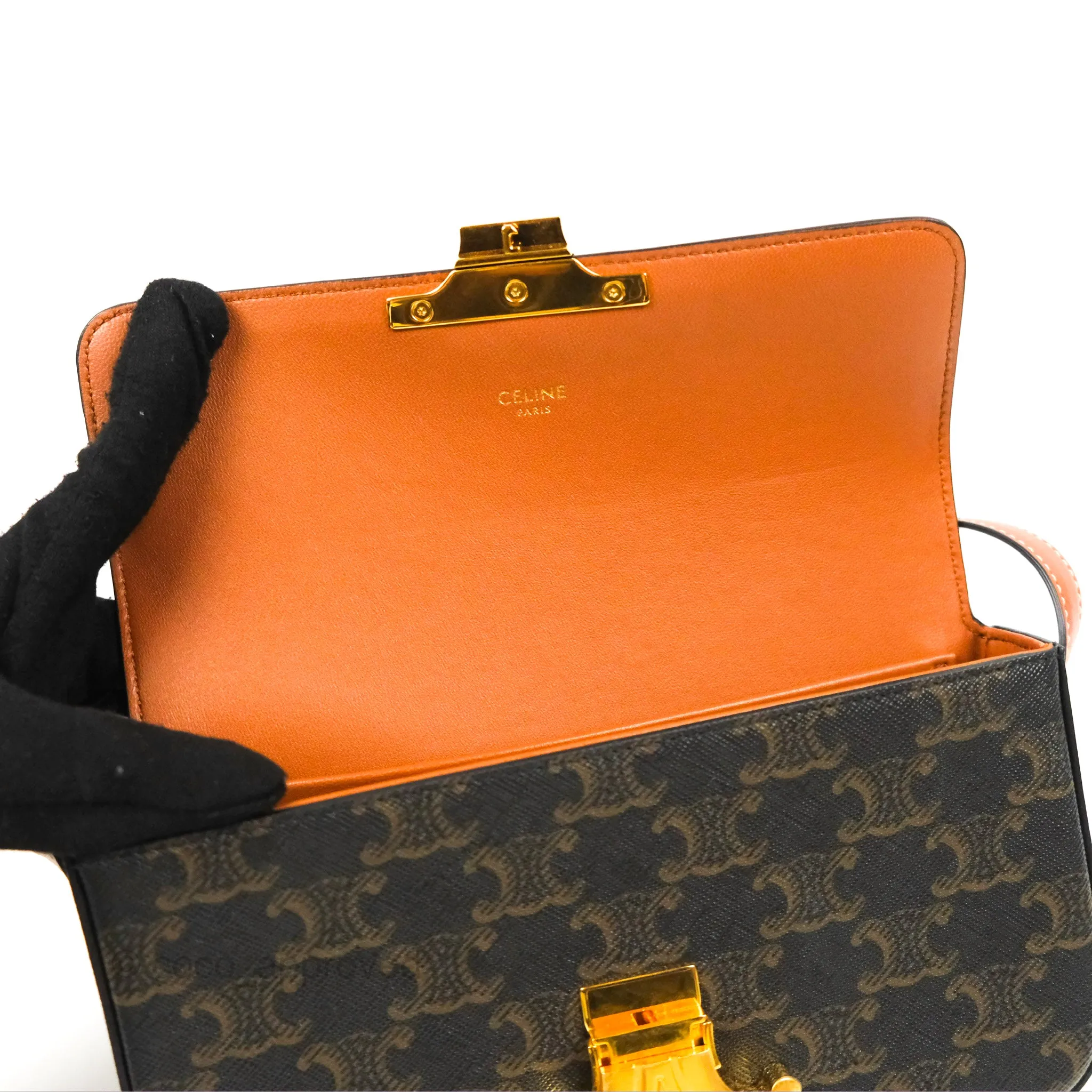 Celine Triomphe Shoulder Bag Tan Calfskin Triomphe Canvas