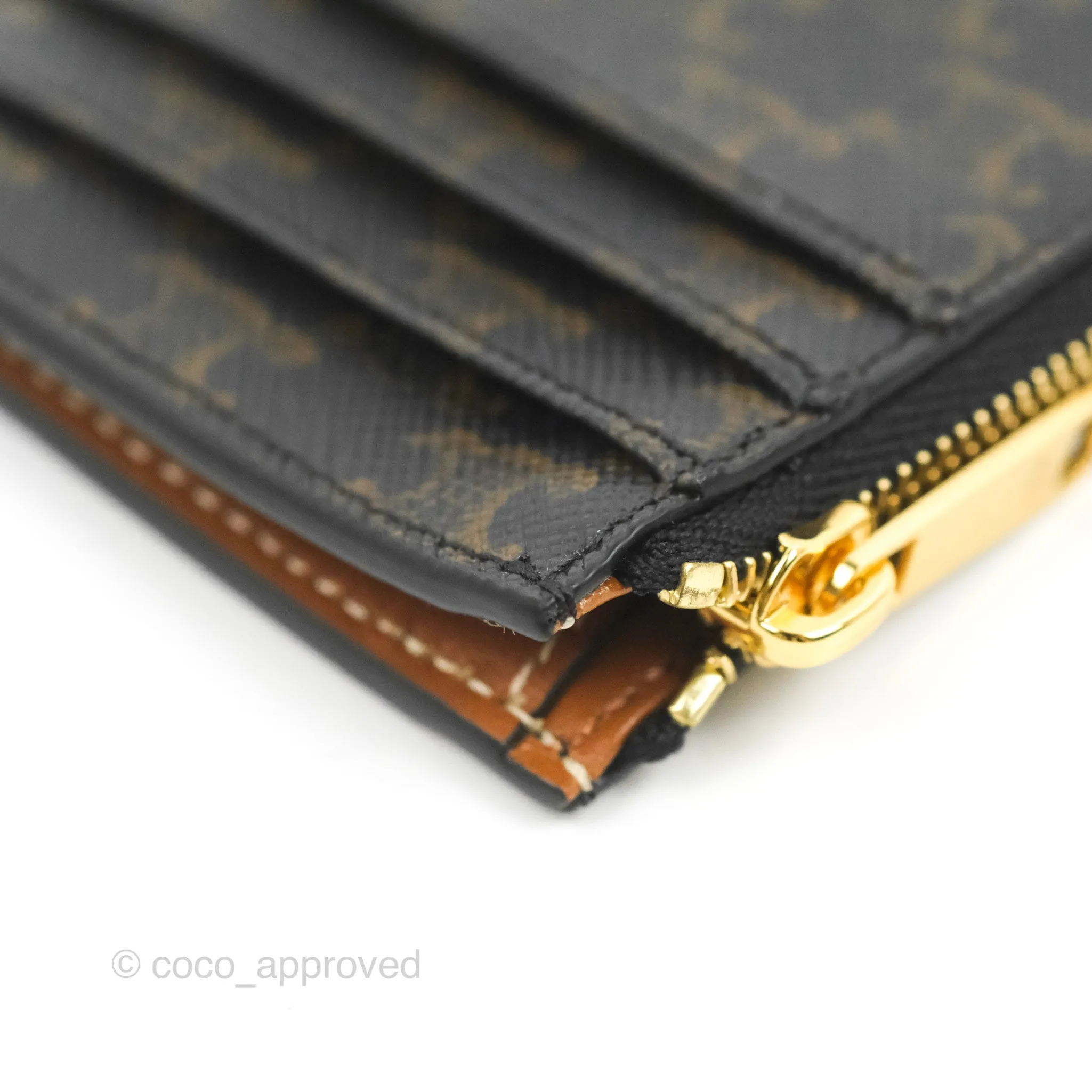 Celine Zipped Card Holder Triomphe Canvas Tan Lambskin
