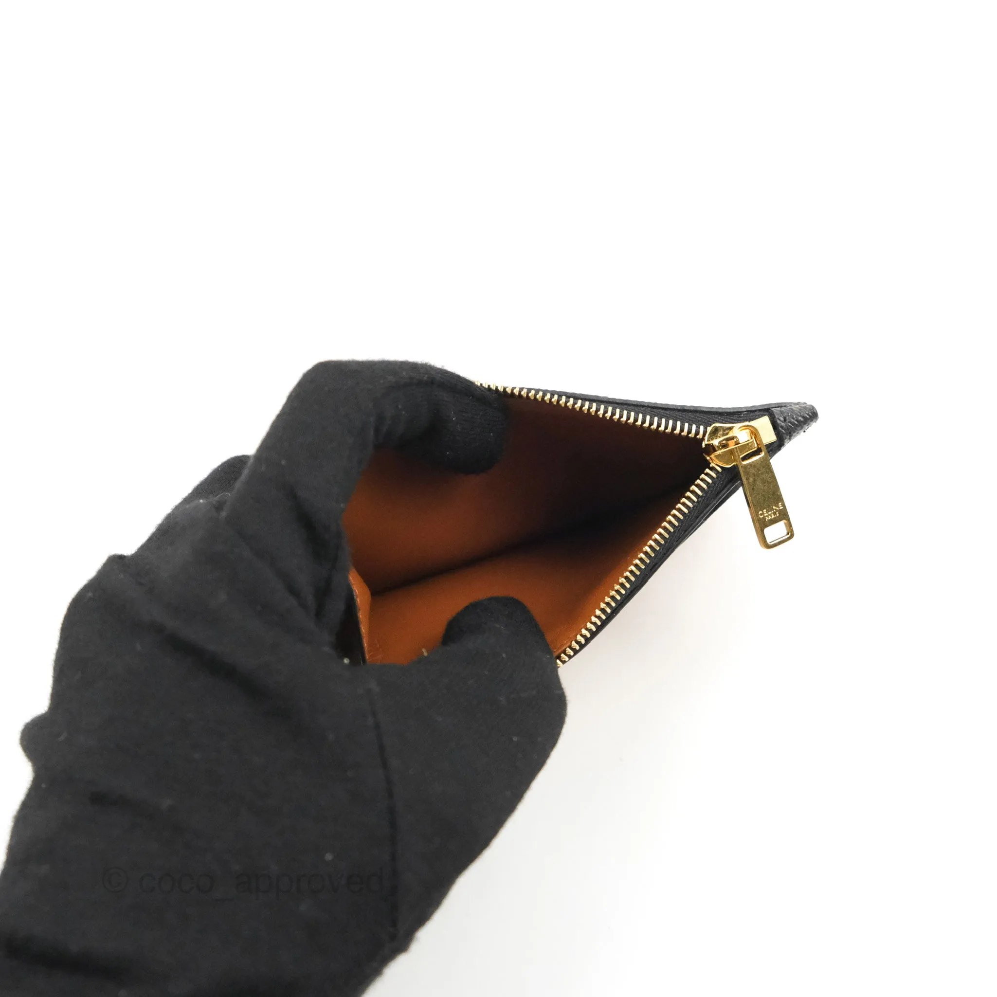 Celine Zipped Card Holder Triomphe Canvas Tan Lambskin