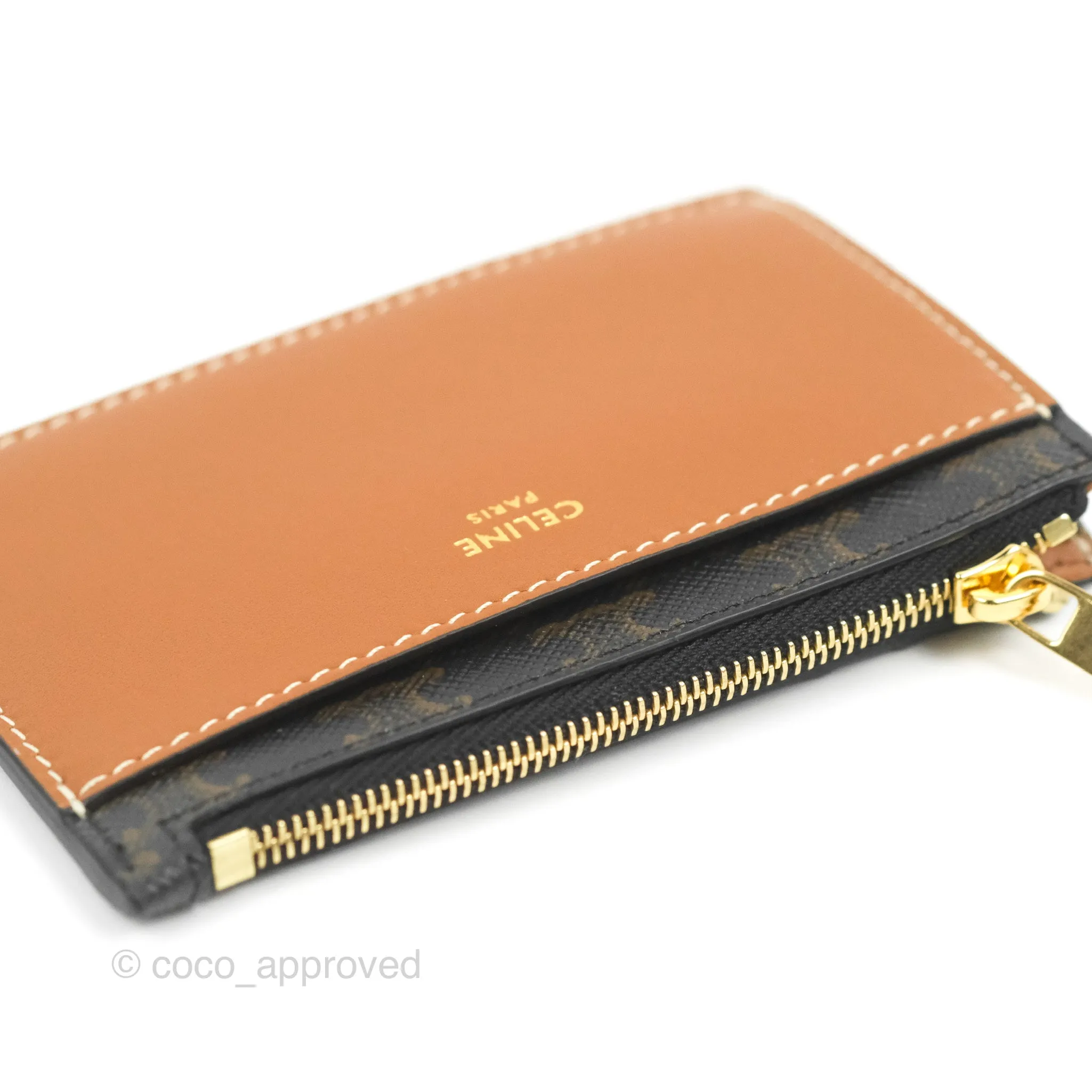 Celine Zipped Card Holder Triomphe Canvas Tan Lambskin