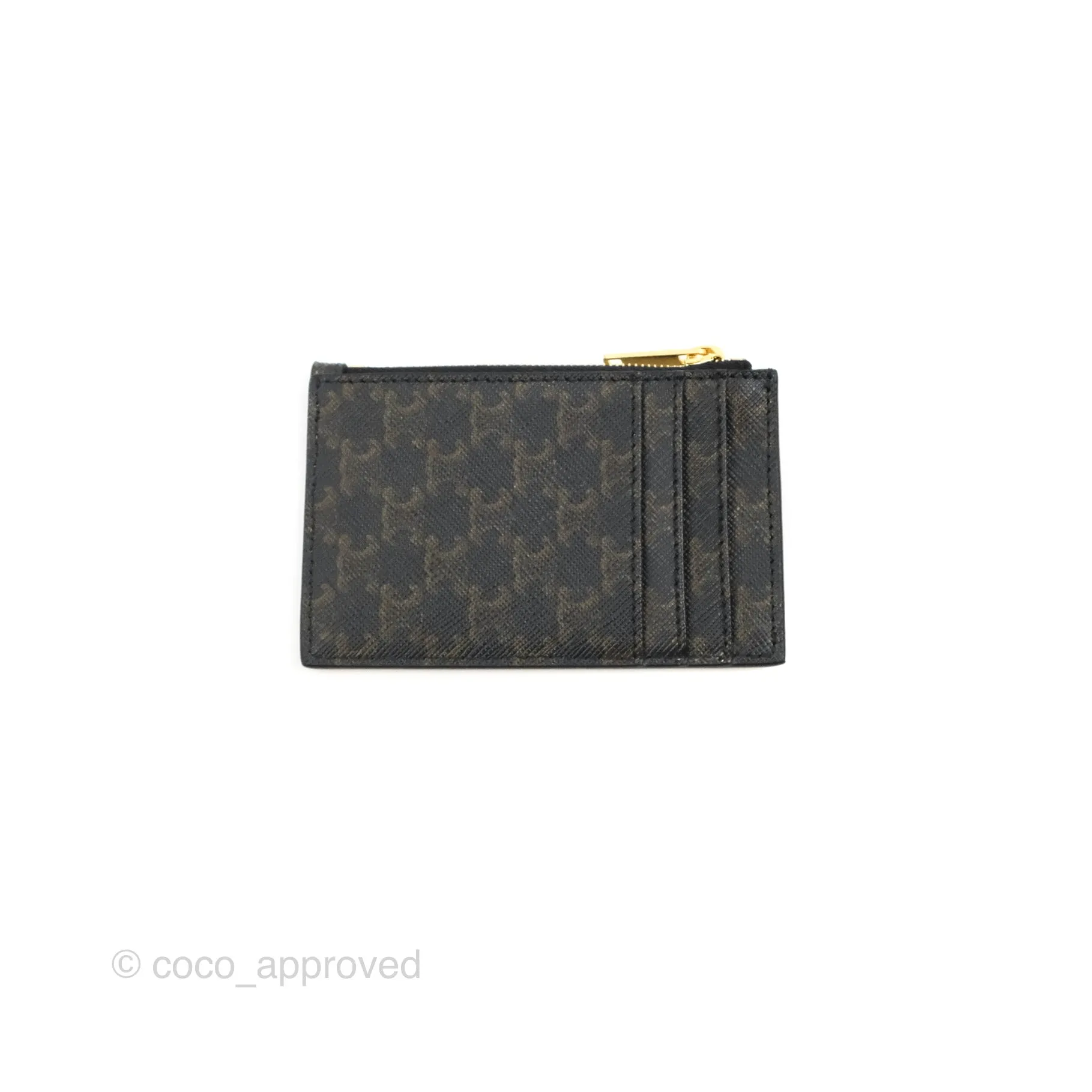 Celine Zipped Card Holder Triomphe Canvas Tan Lambskin