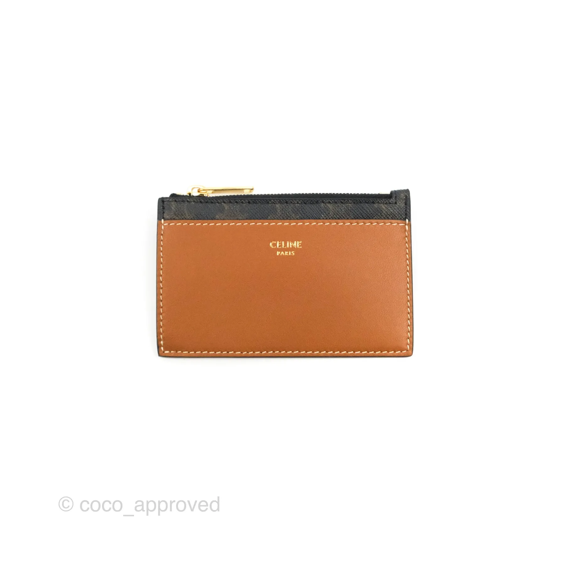 Celine Zipped Card Holder Triomphe Canvas Tan Lambskin