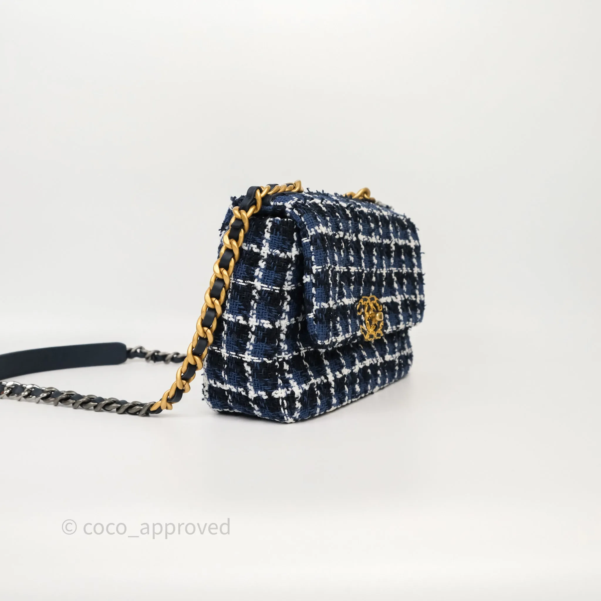 Chanel 19 Small Blue White Black Grid Tweed Mixed Hardware