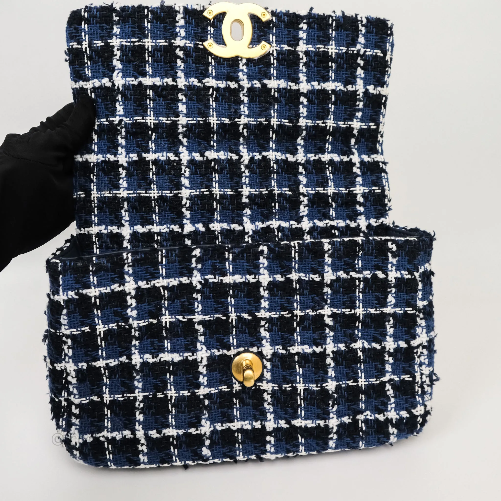 Chanel 19 Small Blue White Black Grid Tweed Mixed Hardware