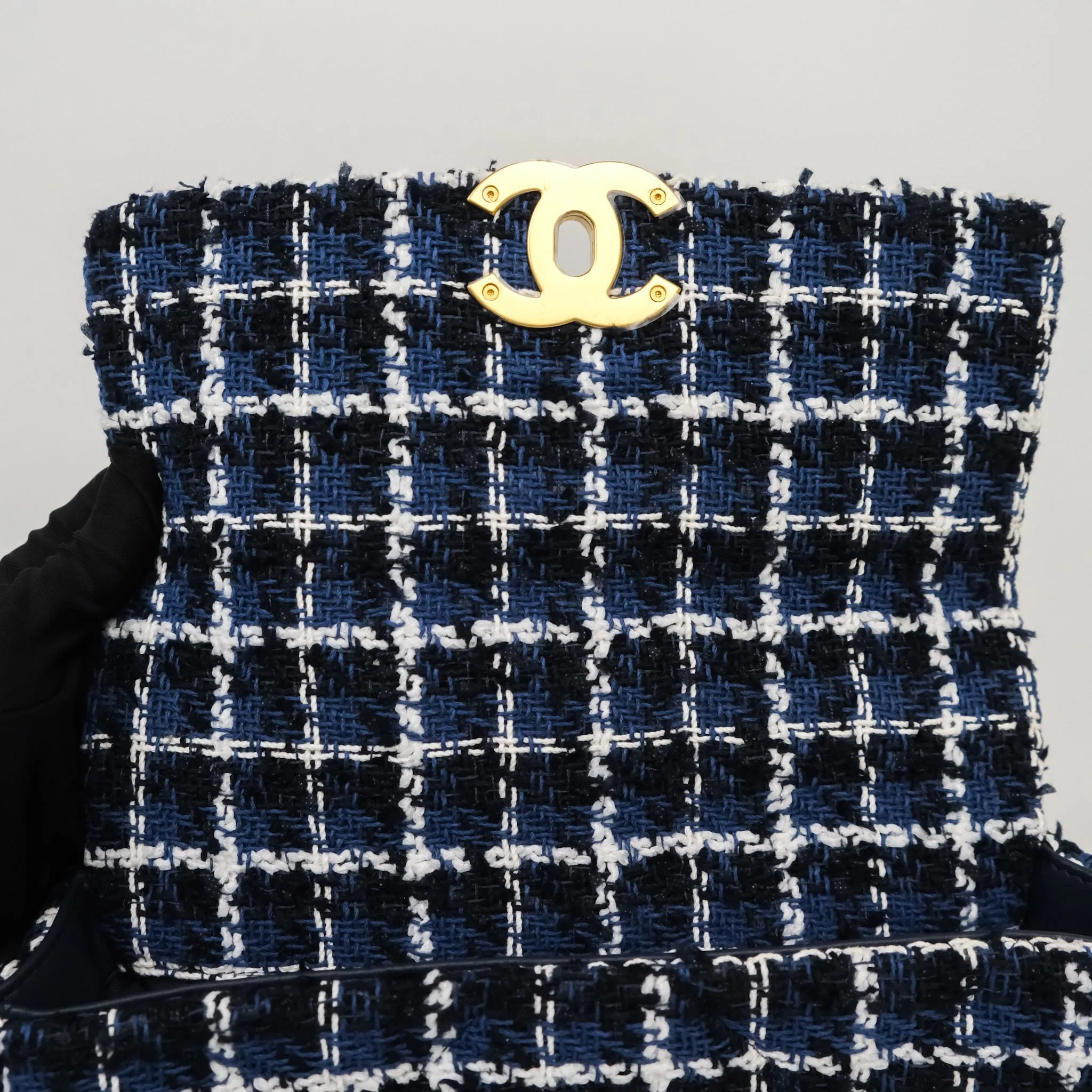 Chanel 19 Small Blue White Black Grid Tweed Mixed Hardware