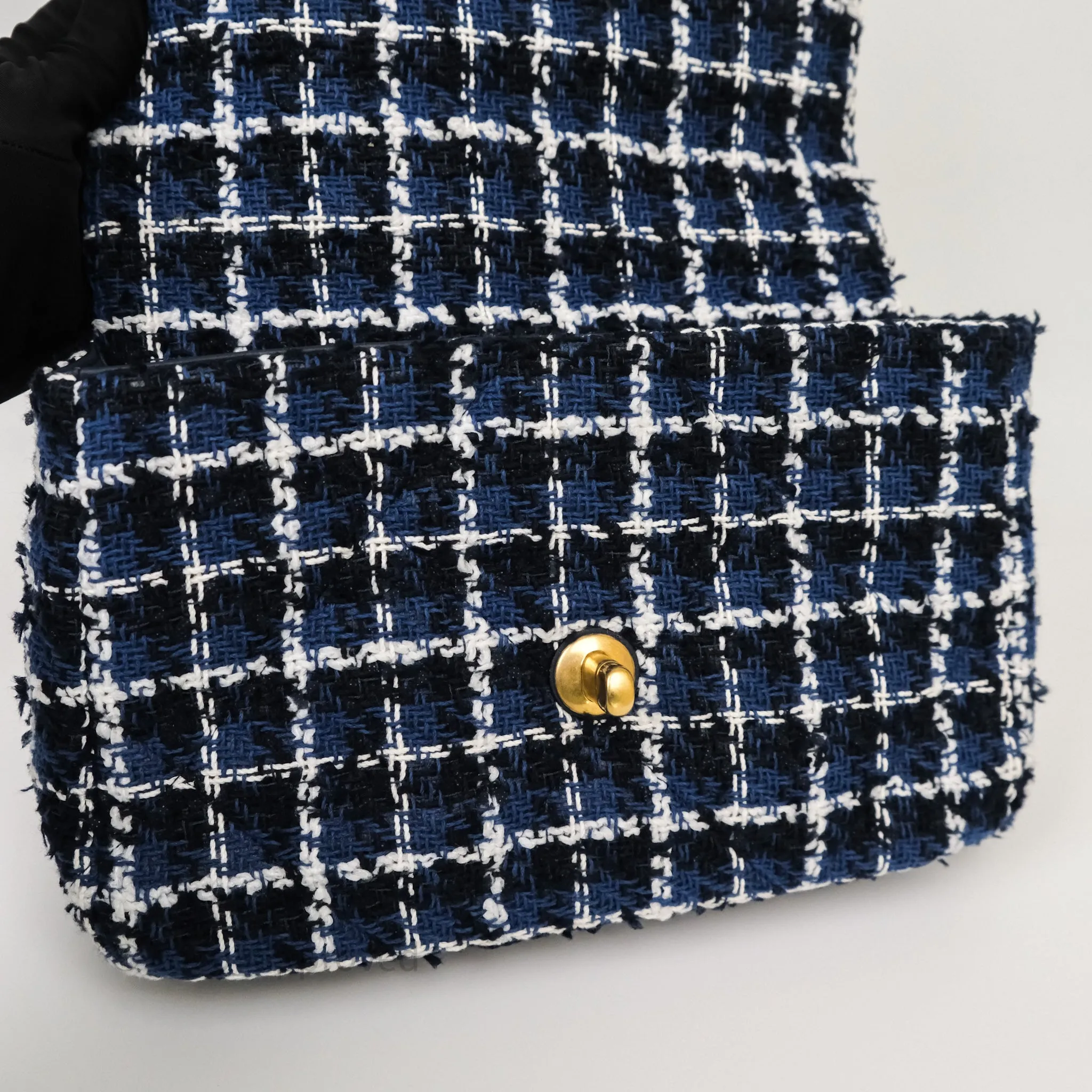 Chanel 19 Small Blue White Black Grid Tweed Mixed Hardware