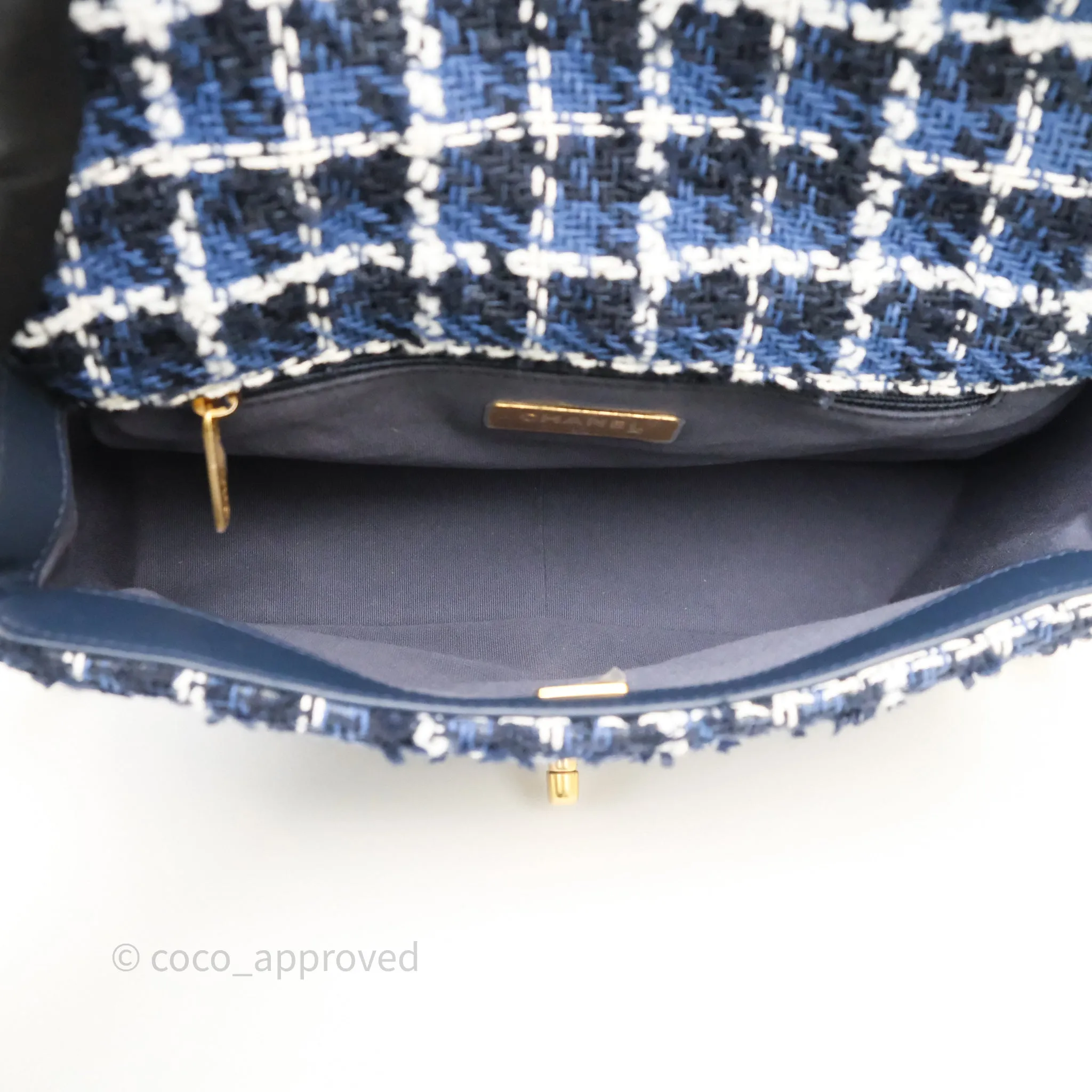 Chanel 19 Small Blue White Black Grid Tweed Mixed Hardware