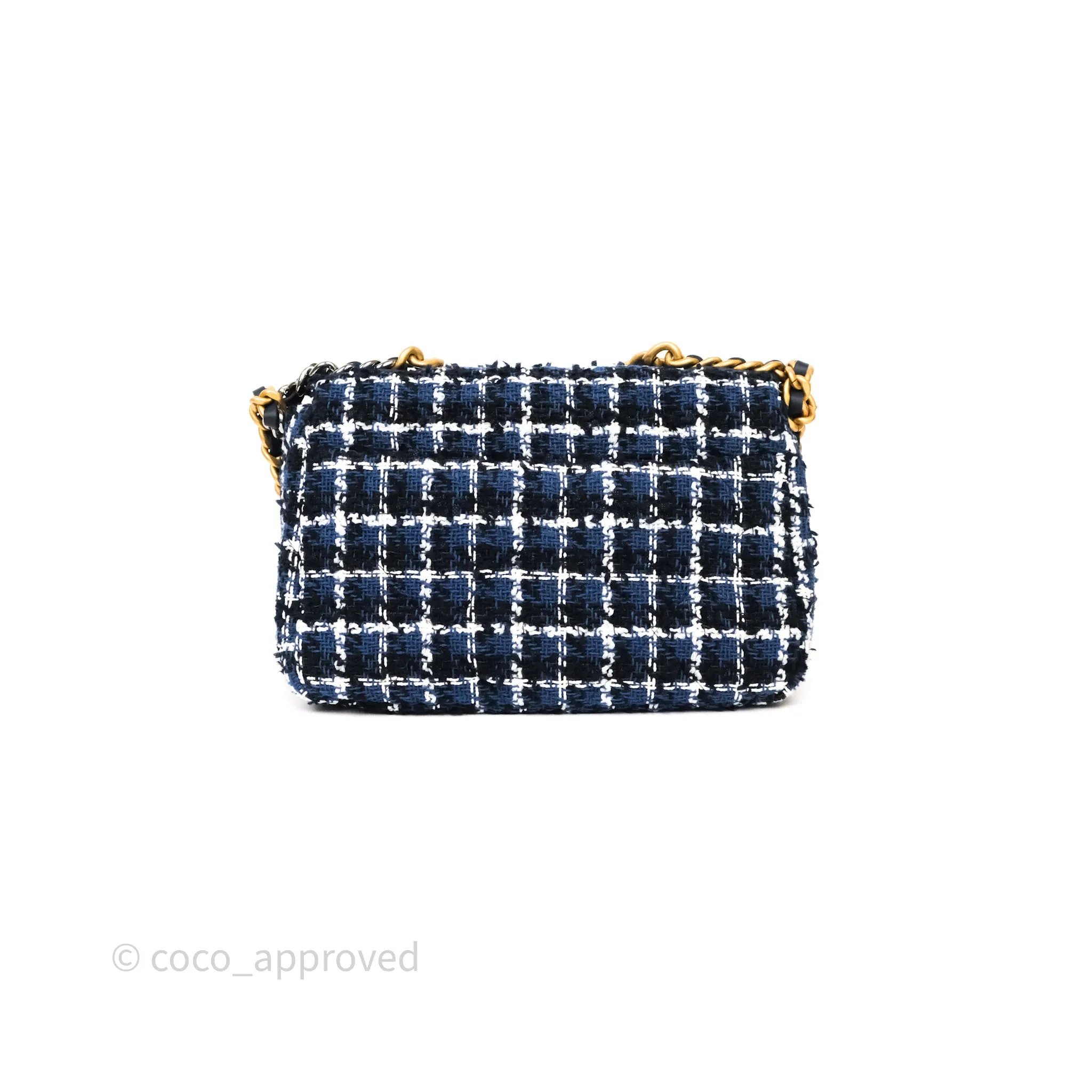 Chanel 19 Small Blue White Black Grid Tweed Mixed Hardware